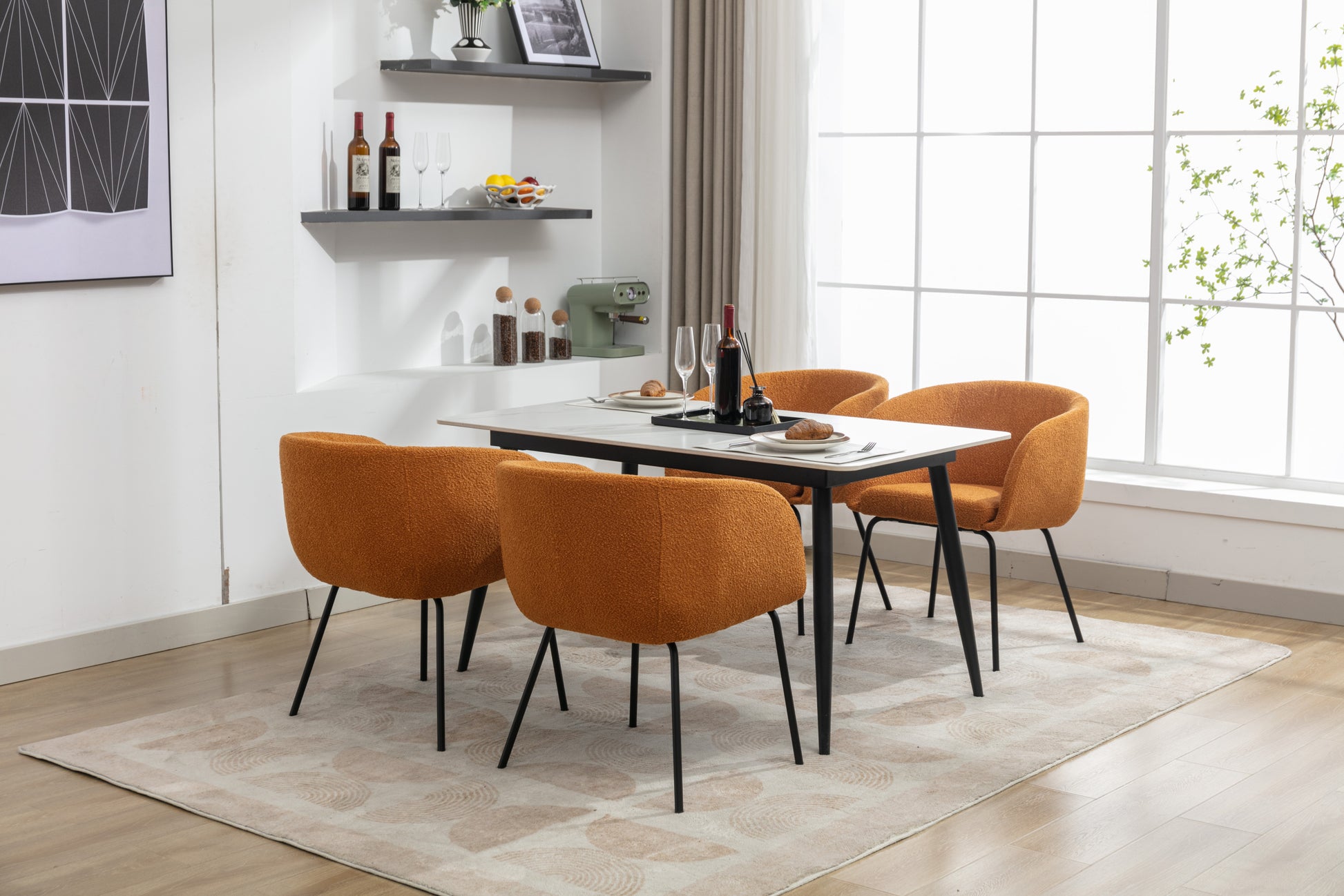040 Boucle Fabric Dining Chair With Black Metal Legs Set Of 2,Ginger Wood Ginger Dining Room Foam Wipe Clean Modern Dining Chairs Wing Back Foam Boucle