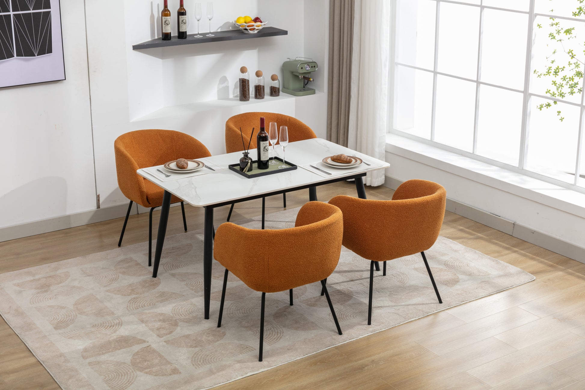 040 Boucle Fabric Dining Chair With Black Metal Legs Set Of 2,Ginger Wood Ginger Dining Room Foam Wipe Clean Modern Dining Chairs Wing Back Foam Boucle