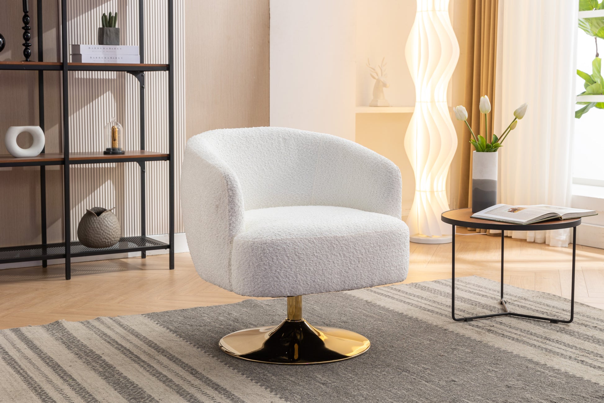 048 Chenille Fabric Accent Swivel Chair With Gold Metal Round Base,White White Primary Living Space Modern Eucalyptus Foam Chenille