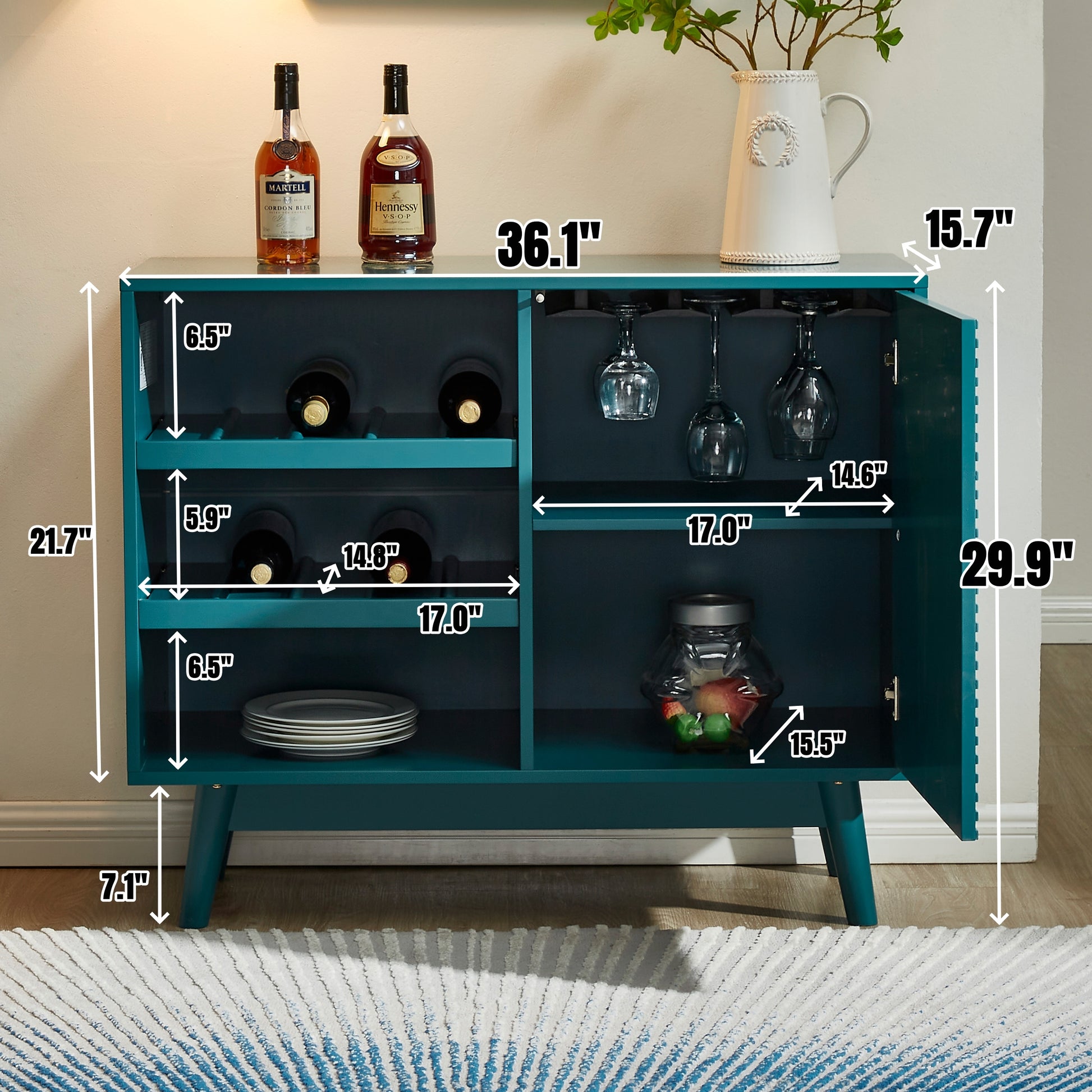 36" Sideboard Buffet Cabinet With Wine Storage Shelf, Storage Cabinet With Wine Glass Holder Organizer Teal Mdf