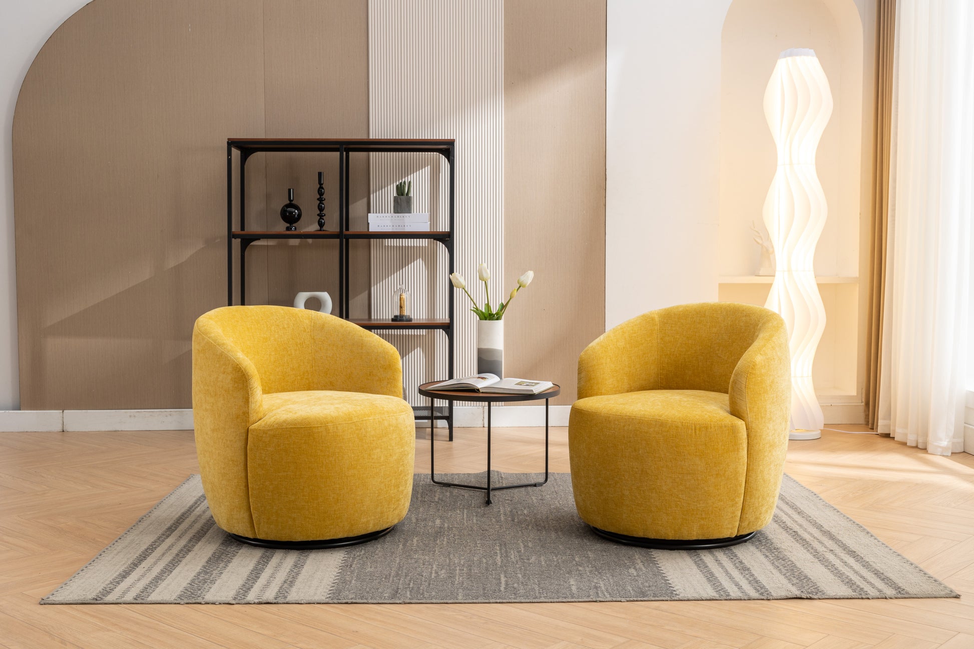 037 Chenille Fabric Swivel Accent Armchair Barrel Chair With Black Powder Coating Metal Ring,Yellow Yellow Primary Living Space Modern Eucalyptus Foam Chenille