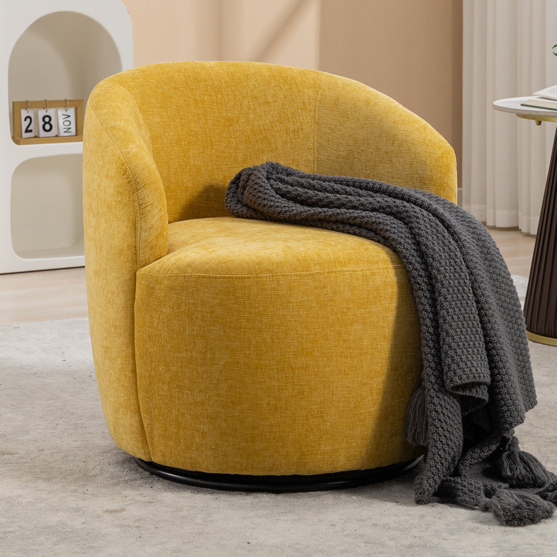 037 Chenille Fabric Swivel Accent Armchair Barrel Chair With Black Powder Coating Metal Ring,Yellow Yellow Primary Living Space Modern Eucalyptus Foam Chenille