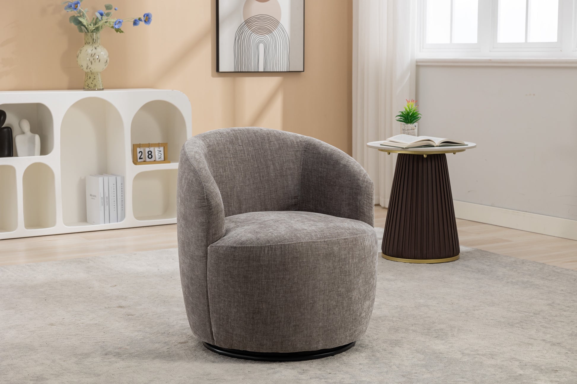 037 Chenille Fabric Swivel Accent Armchair Barrel Chair With Black Powder Coating Metal Ring,Gray Gray Primary Living Space Modern Eucalyptus Foam Chenille