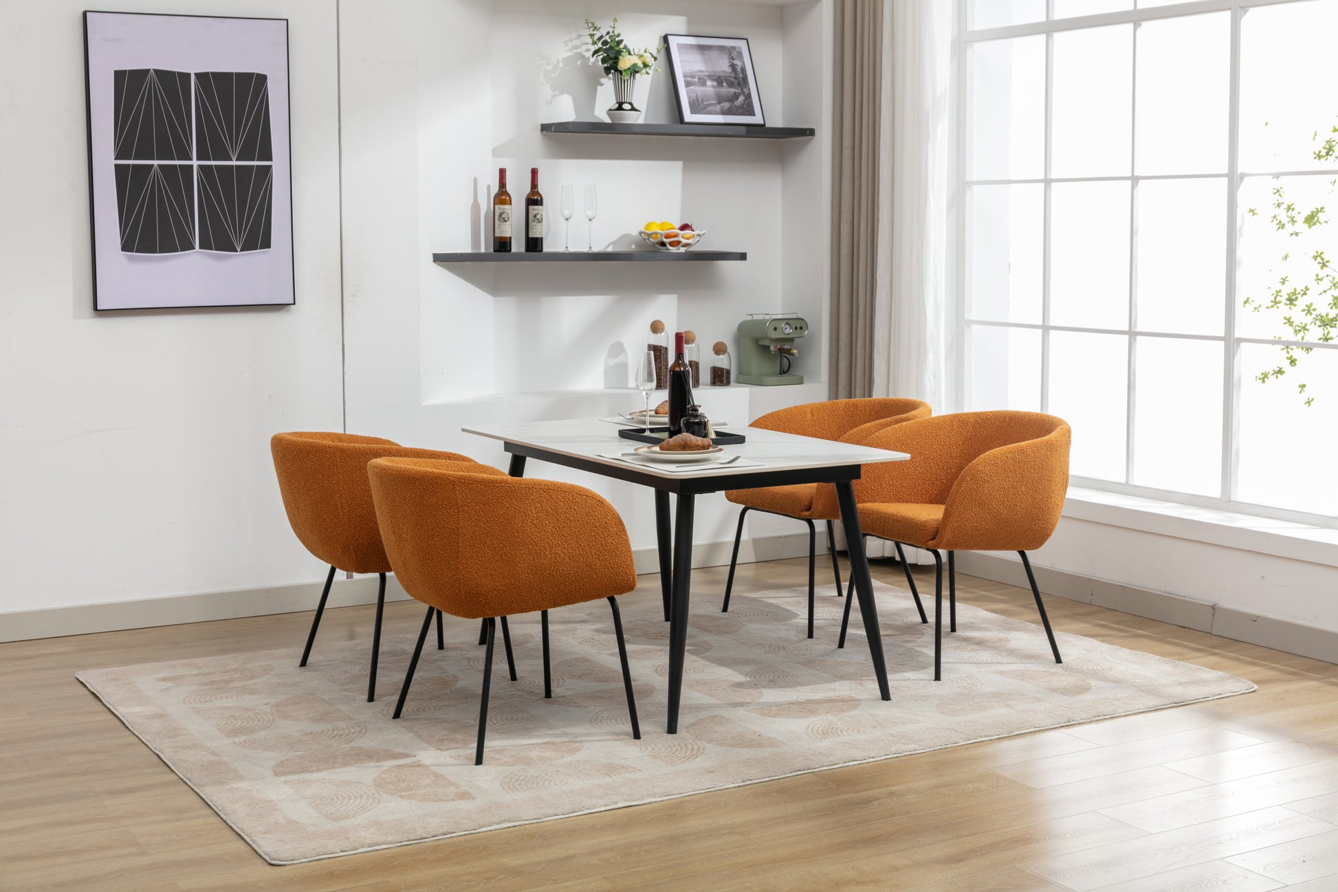 040 Boucle Fabric Dining Chair With Black Metal Legs Set Of 2,Ginger Wood Ginger Dining Room Foam Wipe Clean Modern Dining Chairs Wing Back Foam Boucle