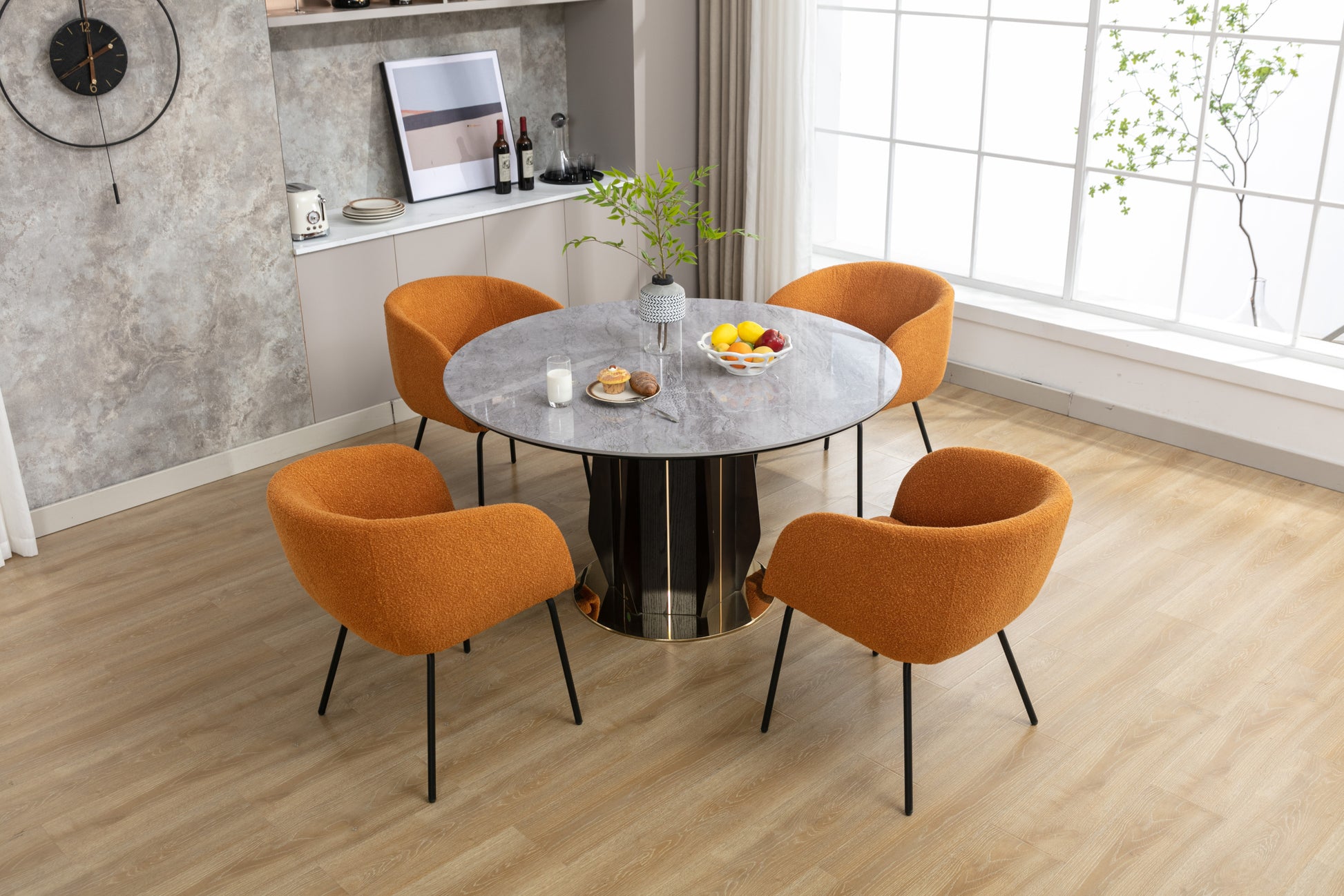 040 Boucle Fabric Dining Chair With Black Metal Legs Set Of 2,Ginger Wood Ginger Dining Room Foam Wipe Clean Modern Dining Chairs Wing Back Foam Boucle