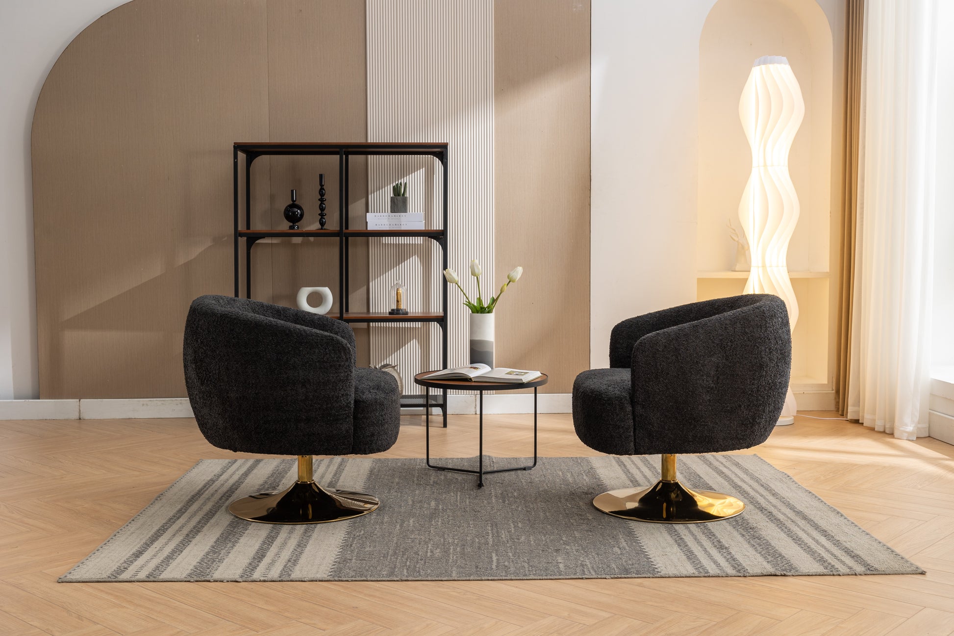 048 Chenille Fabric Accent Swivel Chair With Gold Metal Round Base,Black Black White Primary Living Space Modern Eucalyptus Foam Chenille