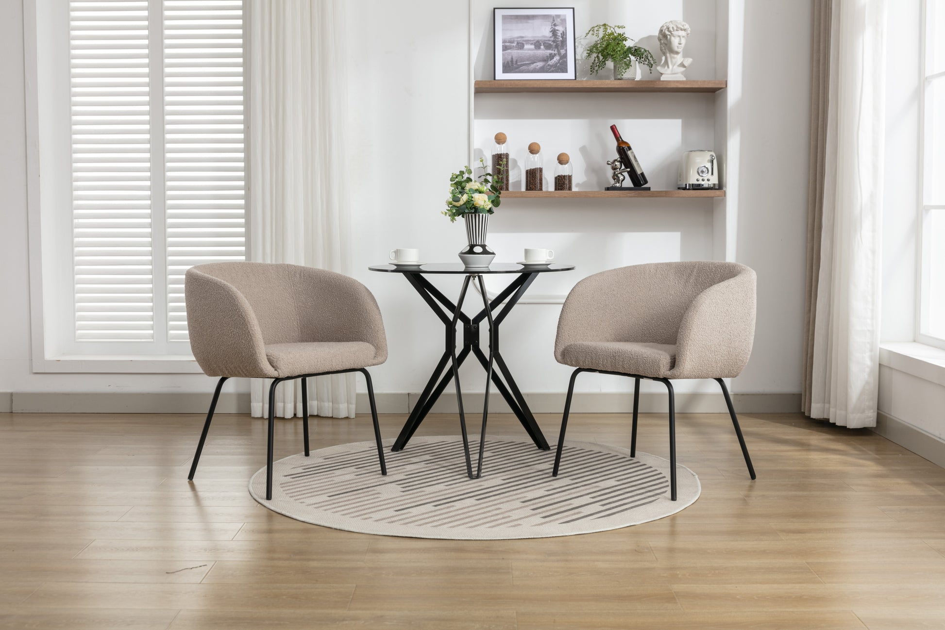 040 Set Of 2 Boucle Fabric Dining Chairs With Black Metal Legs,Light Coffee Wood Light Coffee Dining Room Foam Wipe Clean Modern Dining Chairs Wing Back Foam Boucle