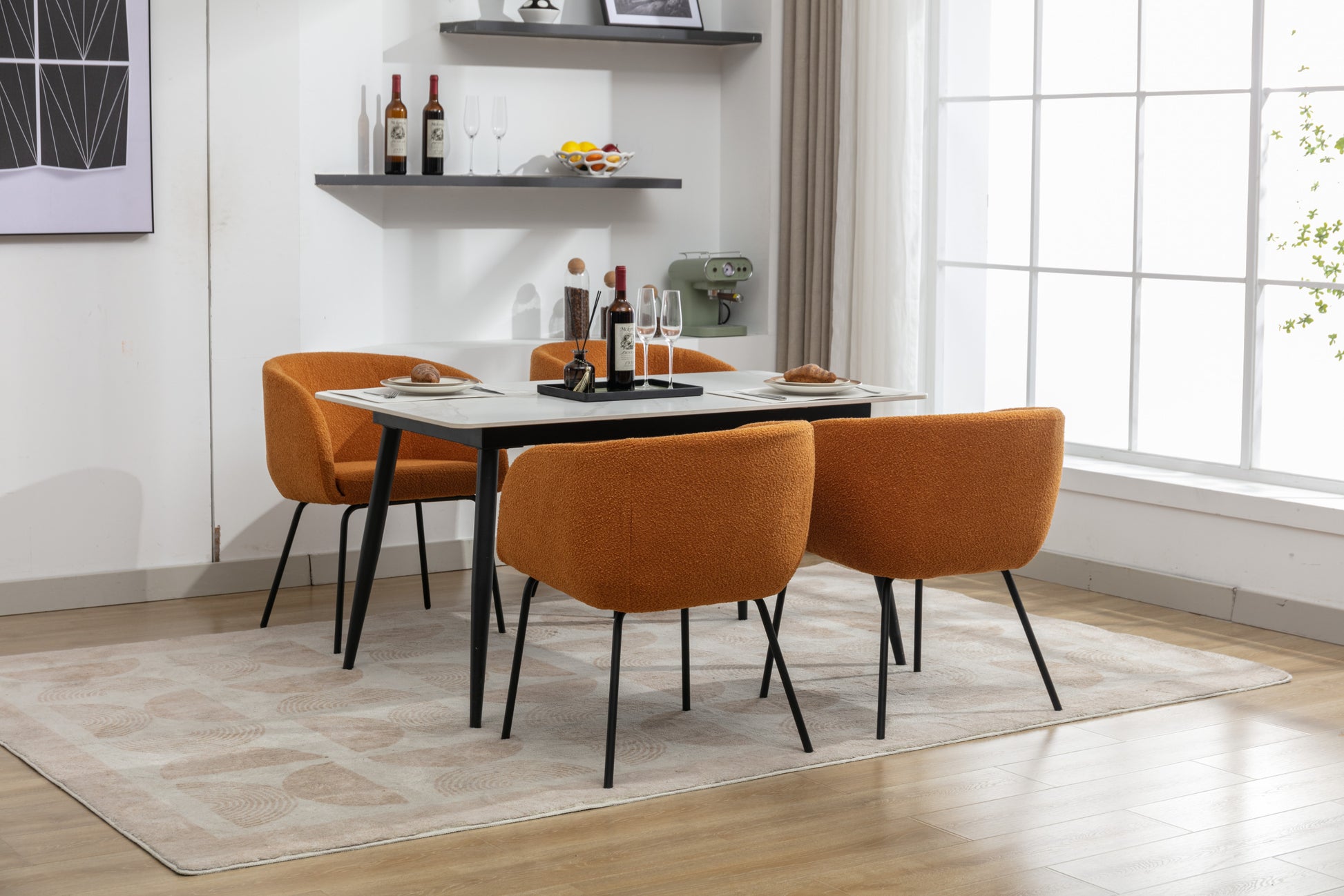 040 Boucle Fabric Dining Chair With Black Metal Legs Set Of 2,Ginger Wood Ginger Dining Room Foam Wipe Clean Modern Dining Chairs Wing Back Foam Boucle