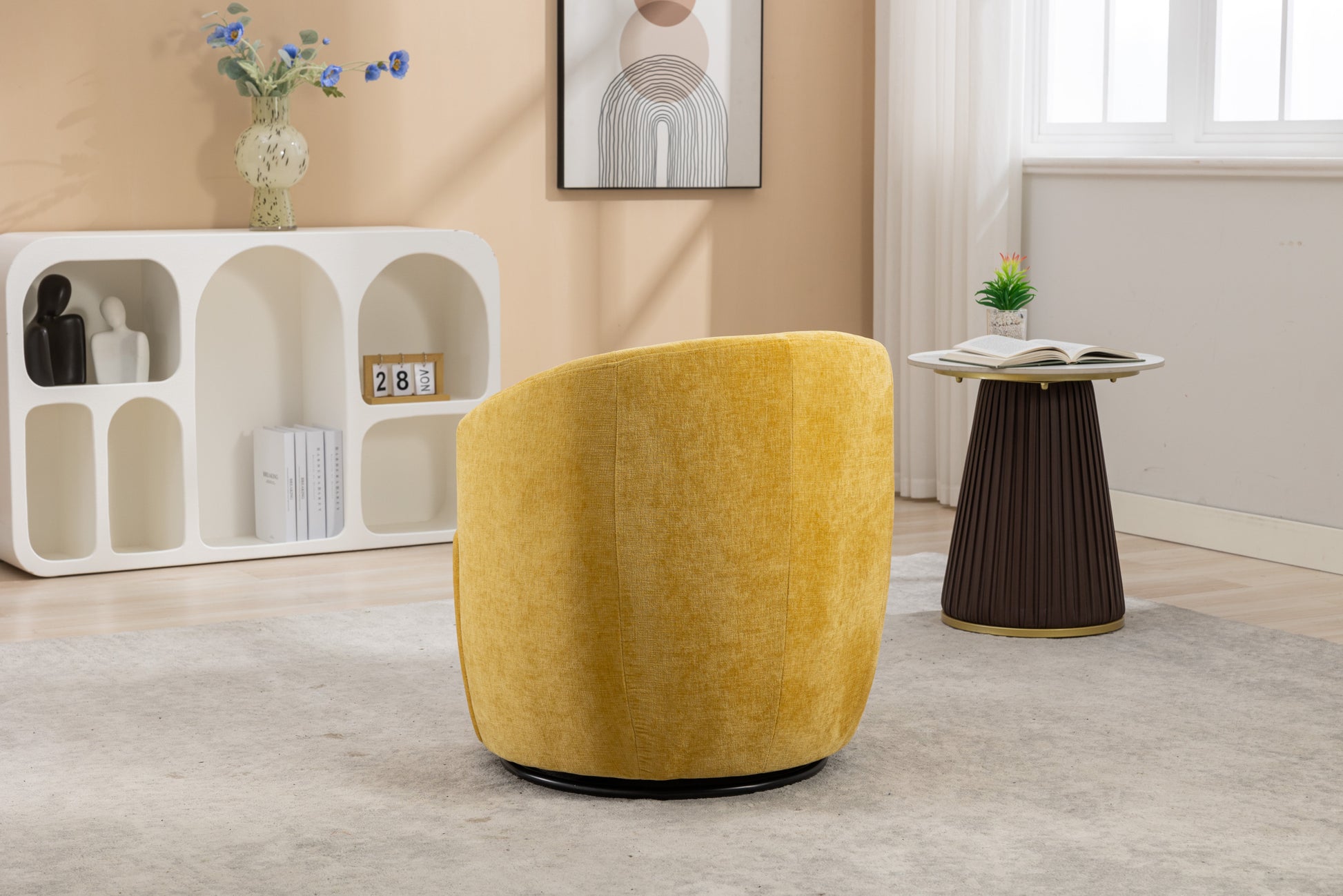 037 Chenille Fabric Swivel Accent Armchair Barrel Chair With Black Powder Coating Metal Ring,Yellow Yellow Primary Living Space Modern Eucalyptus Foam Chenille