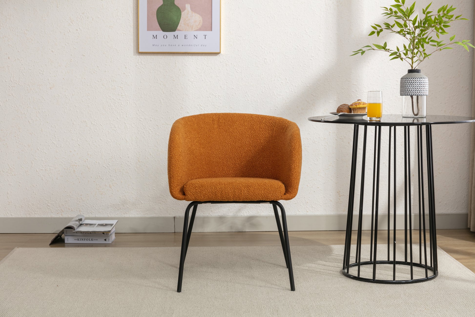 039 Set Of 1 Boucle Fabric Dining Chair With Black Metal Legs,Ginger Wood Ginger Dining Room Foam Wipe Clean Modern Dining Chairs Wing Back Foam Boucle