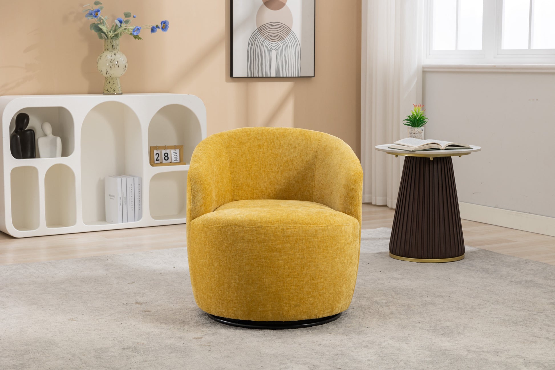 037 Chenille Fabric Swivel Accent Armchair Barrel Chair With Black Powder Coating Metal Ring,Yellow Yellow Primary Living Space Modern Eucalyptus Foam Chenille