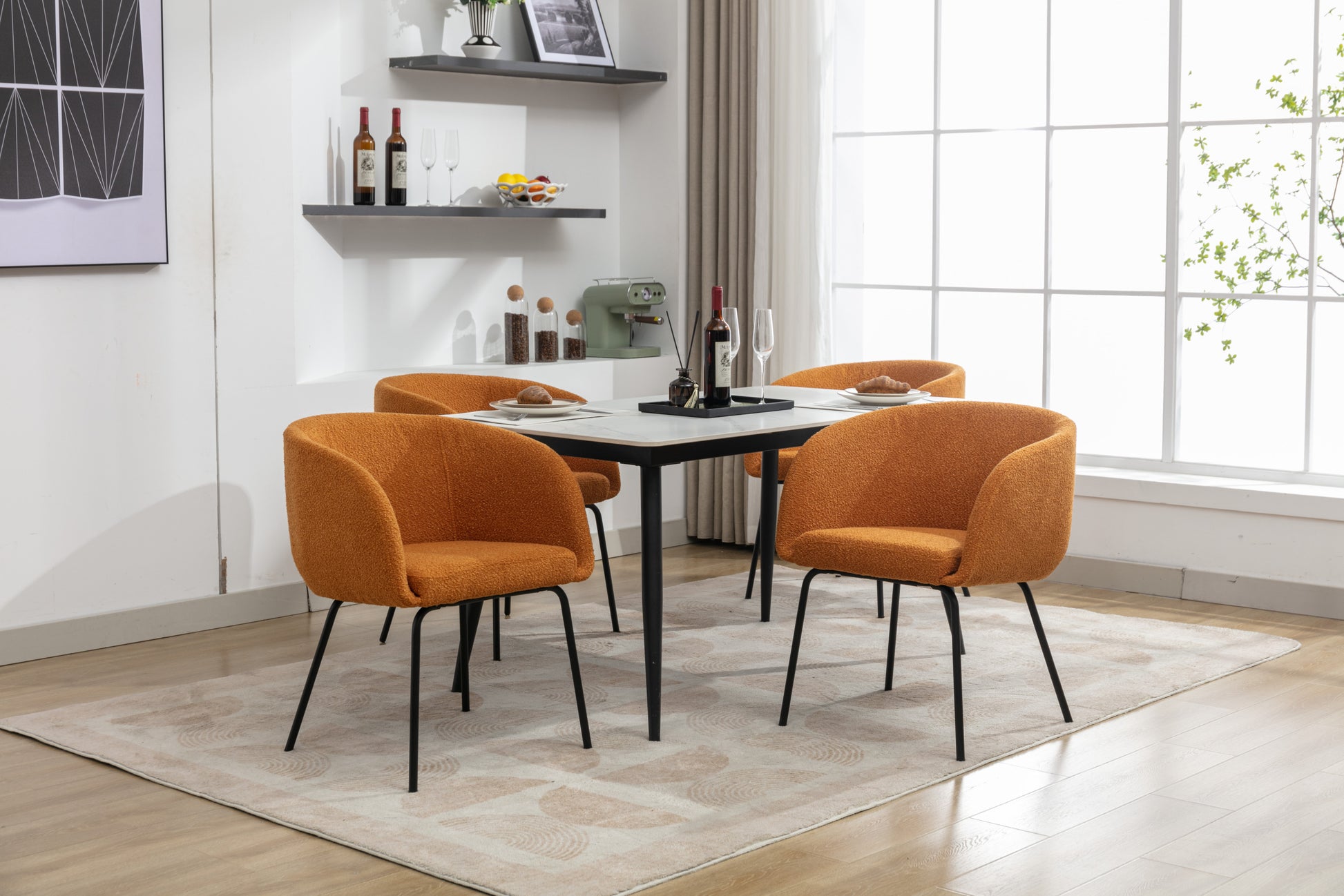 040 Boucle Fabric Dining Chair With Black Metal Legs Set Of 2,Ginger Wood Ginger Dining Room Foam Wipe Clean Modern Dining Chairs Wing Back Foam Boucle