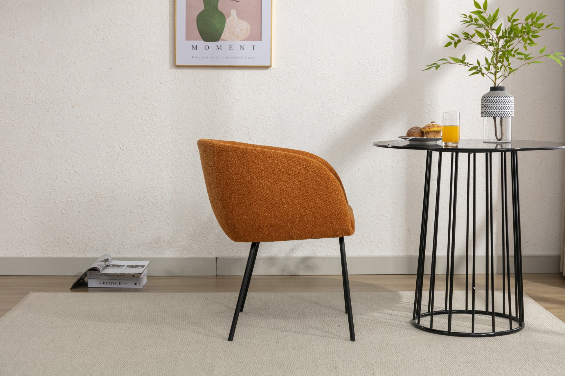 039 Set Of 1 Boucle Fabric Dining Chair With Black Metal Legs,Ginger Wood Ginger Dining Room Foam Wipe Clean Modern Dining Chairs Wing Back Foam Boucle