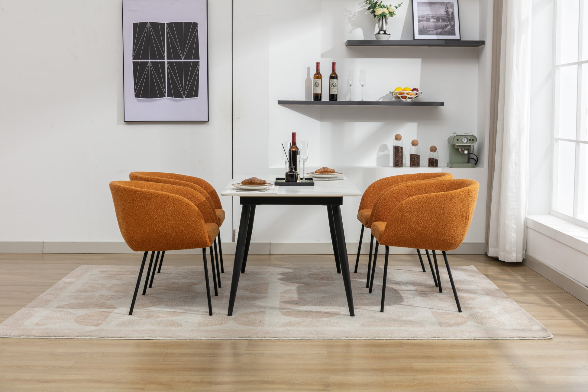 040 Boucle Fabric Dining Chair With Black Metal Legs Set Of 2,Ginger Wood Ginger Dining Room Foam Wipe Clean Modern Dining Chairs Wing Back Foam Boucle