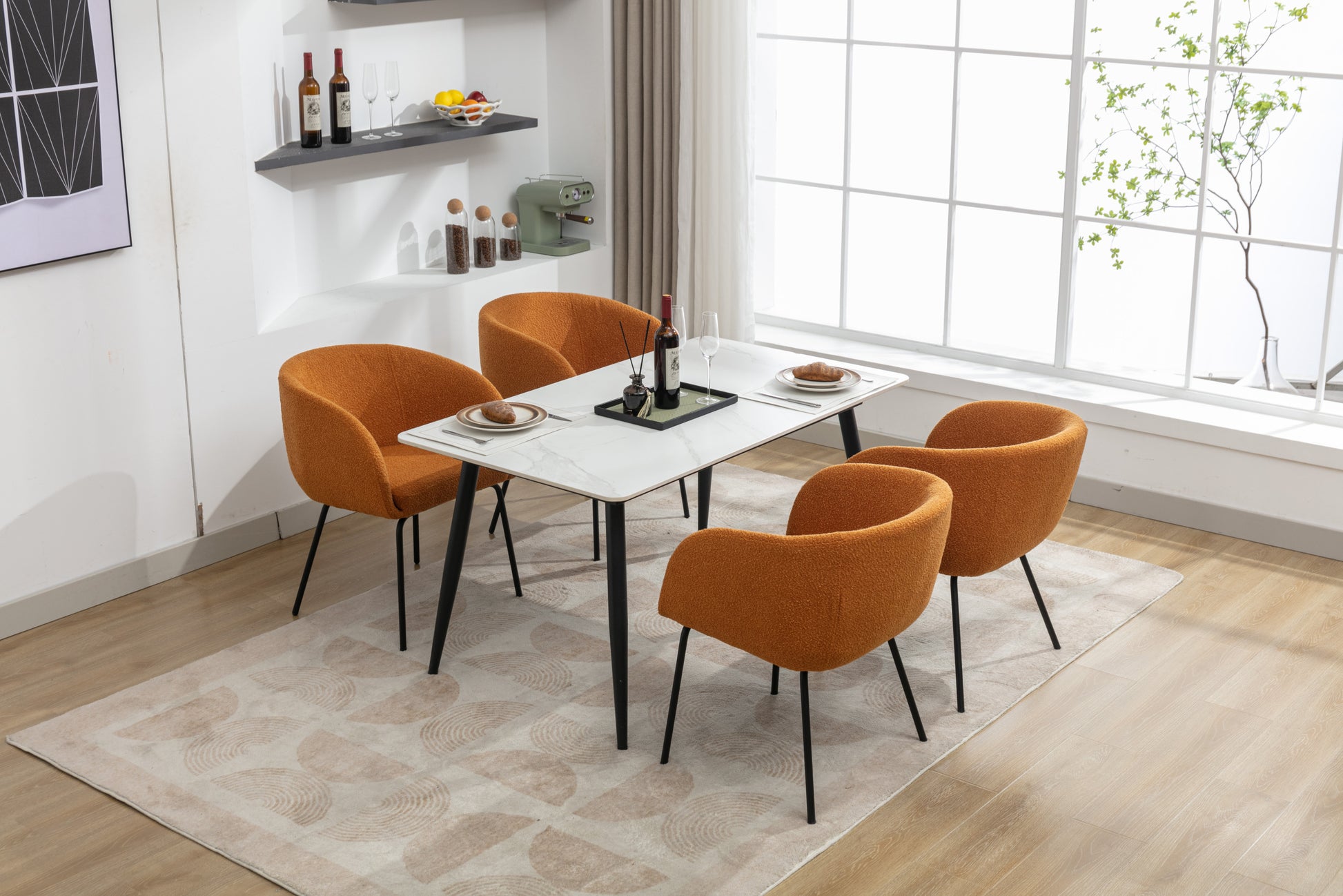 040 Boucle Fabric Dining Chair With Black Metal Legs Set Of 2,Ginger Wood Ginger Dining Room Foam Wipe Clean Modern Dining Chairs Wing Back Foam Boucle