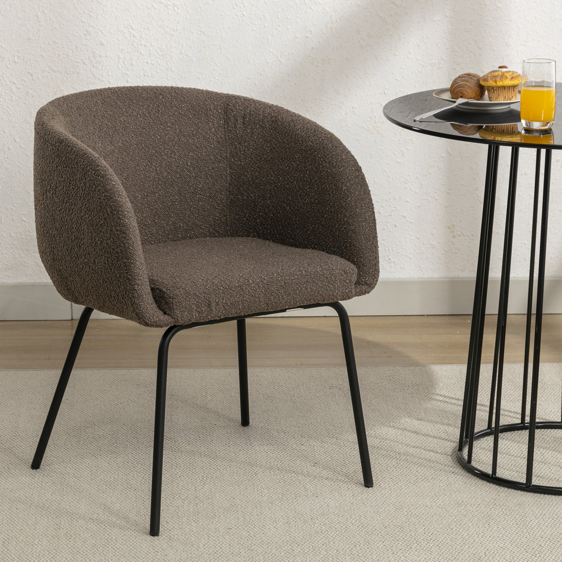 039 Set Of 1 Boucle Fabric Dining Chair With Black Metal Legs,Dark Brown Wood Dark Brown Dining Room Foam Wipe Clean Modern Dining Chairs Wing Back Foam Boucle