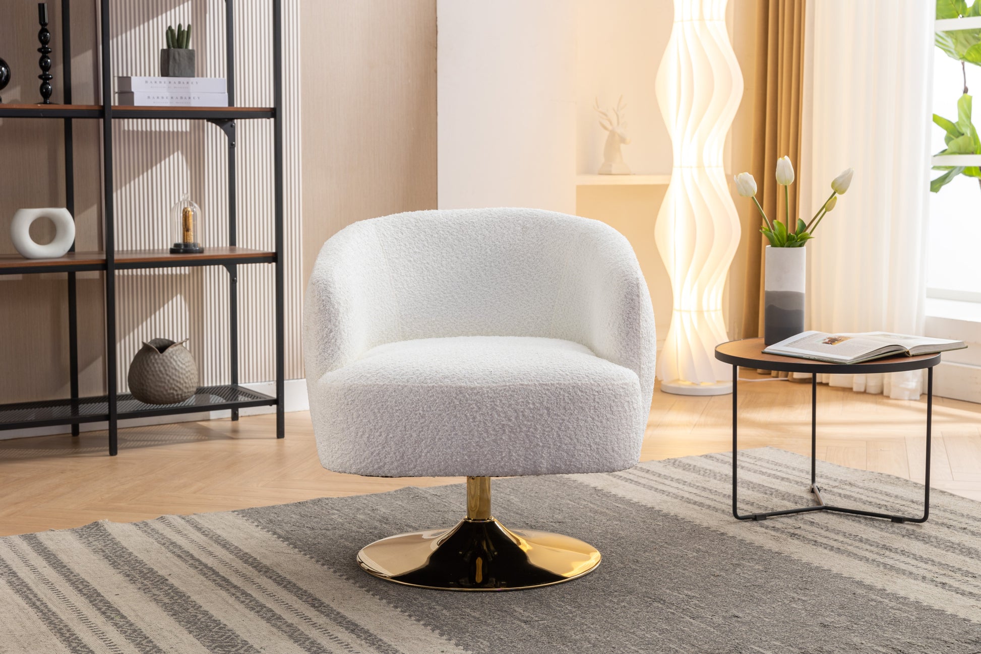 048 Chenille Fabric Accent Swivel Chair With Gold Metal Round Base,White White Primary Living Space Modern Eucalyptus Foam Chenille