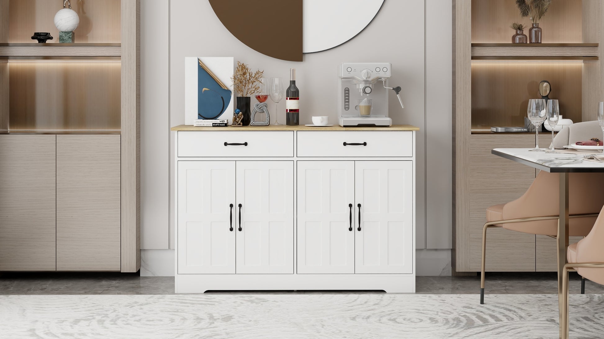 47.95" Farmhouse Buffet Cabinet Storage Sideboard With 2 Drawers And 4 Doors For Dining Living Room Kitchen Cupboard White White Mdf