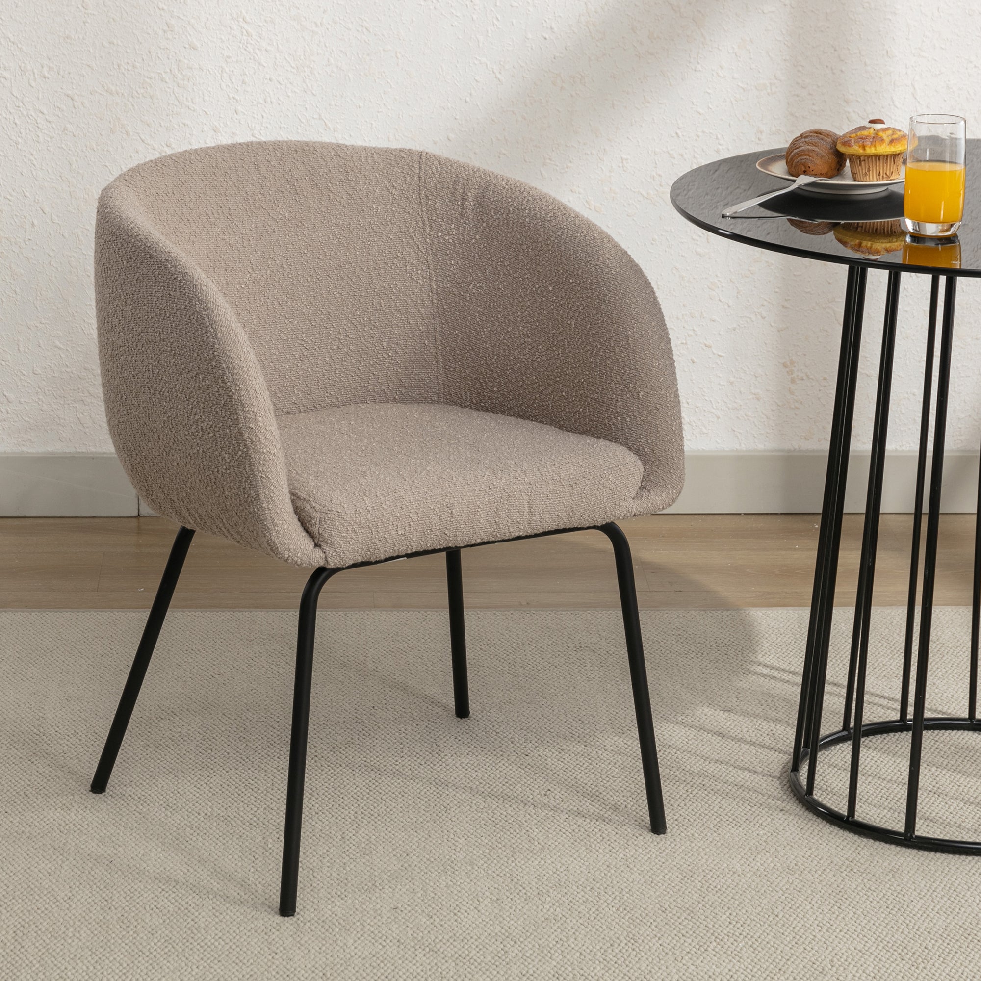 039 Set Of 1 Boucle Fabric Dining Chair With Black Metal Legs,Light Coffee Wood Light Coffee Dining Room Foam Wipe Clean Modern Dining Chairs Wing Back Foam Boucle