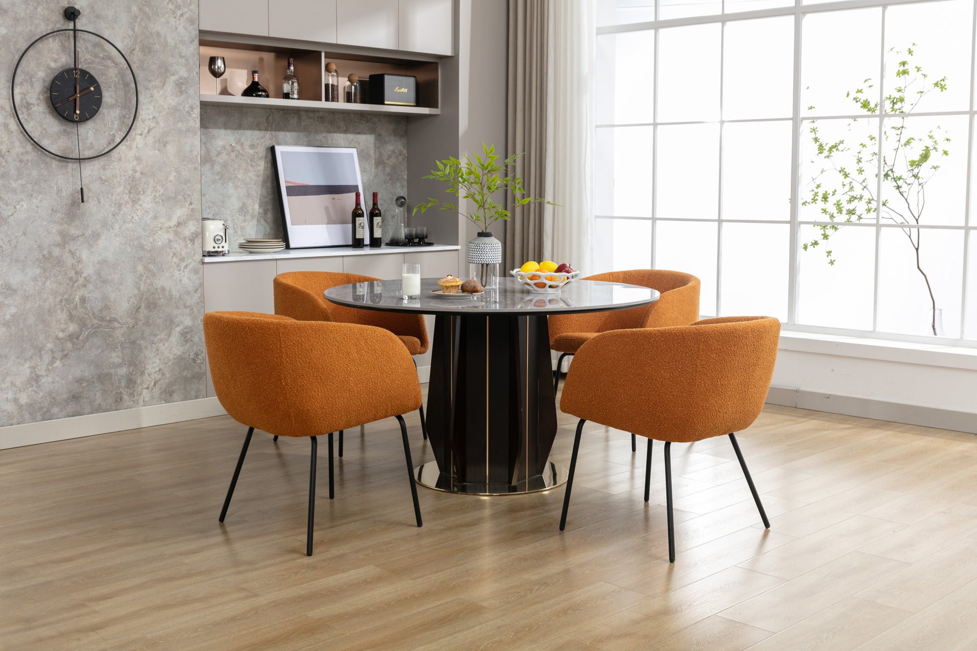 040 Boucle Fabric Dining Chair With Black Metal Legs Set Of 2,Ginger Wood Ginger Dining Room Foam Wipe Clean Modern Dining Chairs Wing Back Foam Boucle