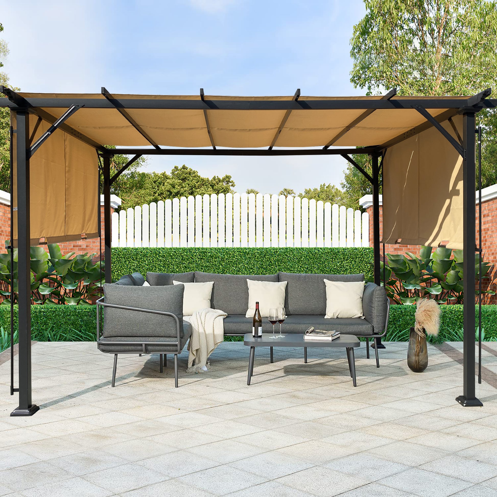 9.5 X 12 Ft Outdoor Pergola Patio Gazebo,Retractable Shade Canopy,Steel Frame Grape Gazebo,Sunshelter Pergola For Gardens,Terraces,Backyard Khaki Khaki Steel