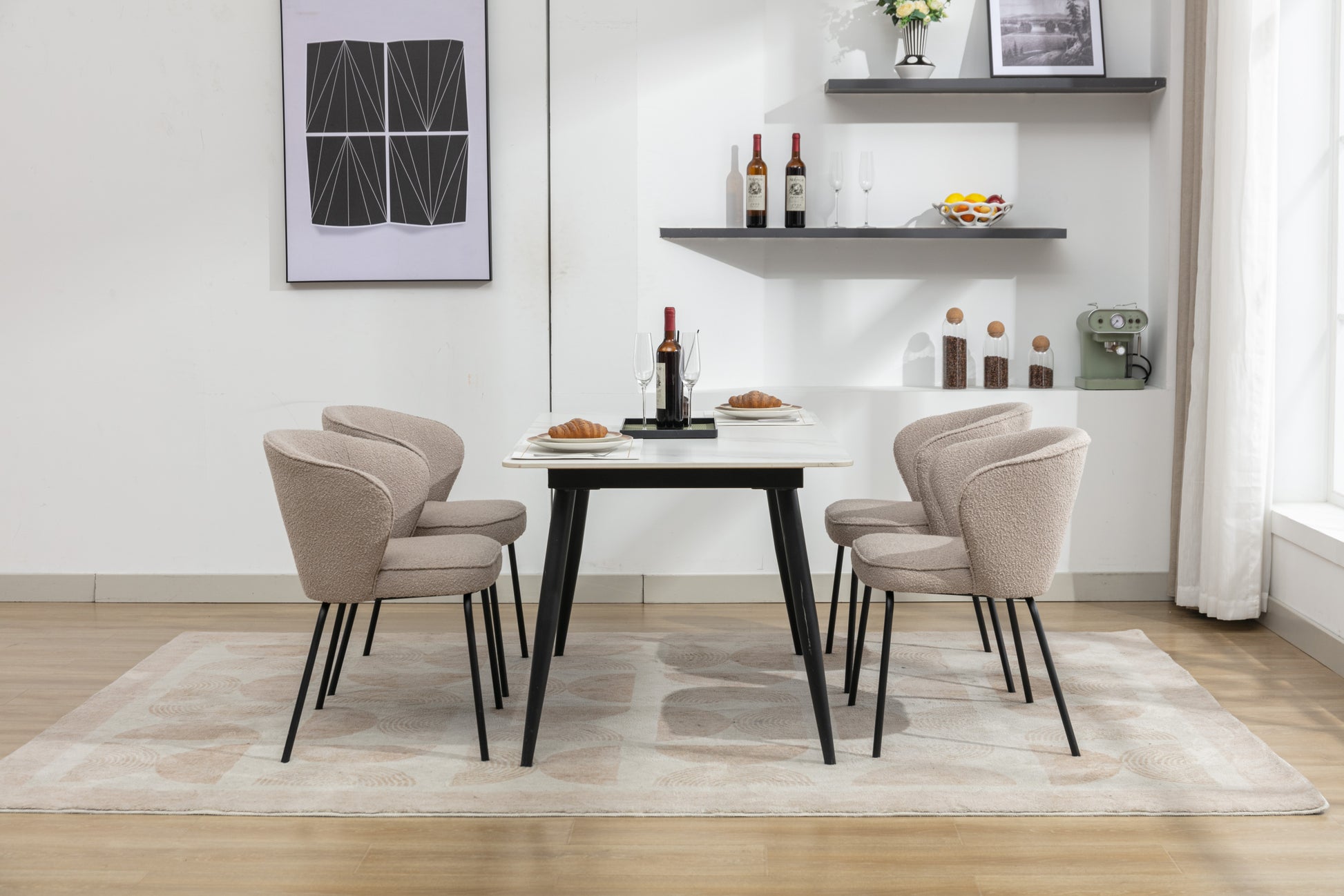 042 Set Of 2 Boucle Fabric Dining Chairs With Black Metal Legs,Light Coffee Wood Light Coffee Dining Room Foam Wipe Clean Modern Dining Chairs Wing Back Foam Boucle