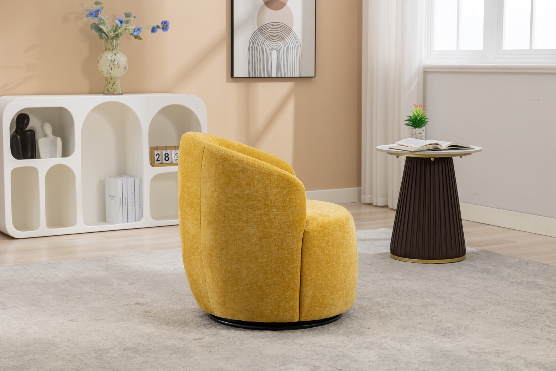 037 Chenille Fabric Swivel Accent Armchair Barrel Chair With Black Powder Coating Metal Ring,Yellow Yellow Primary Living Space Modern Eucalyptus Foam Chenille