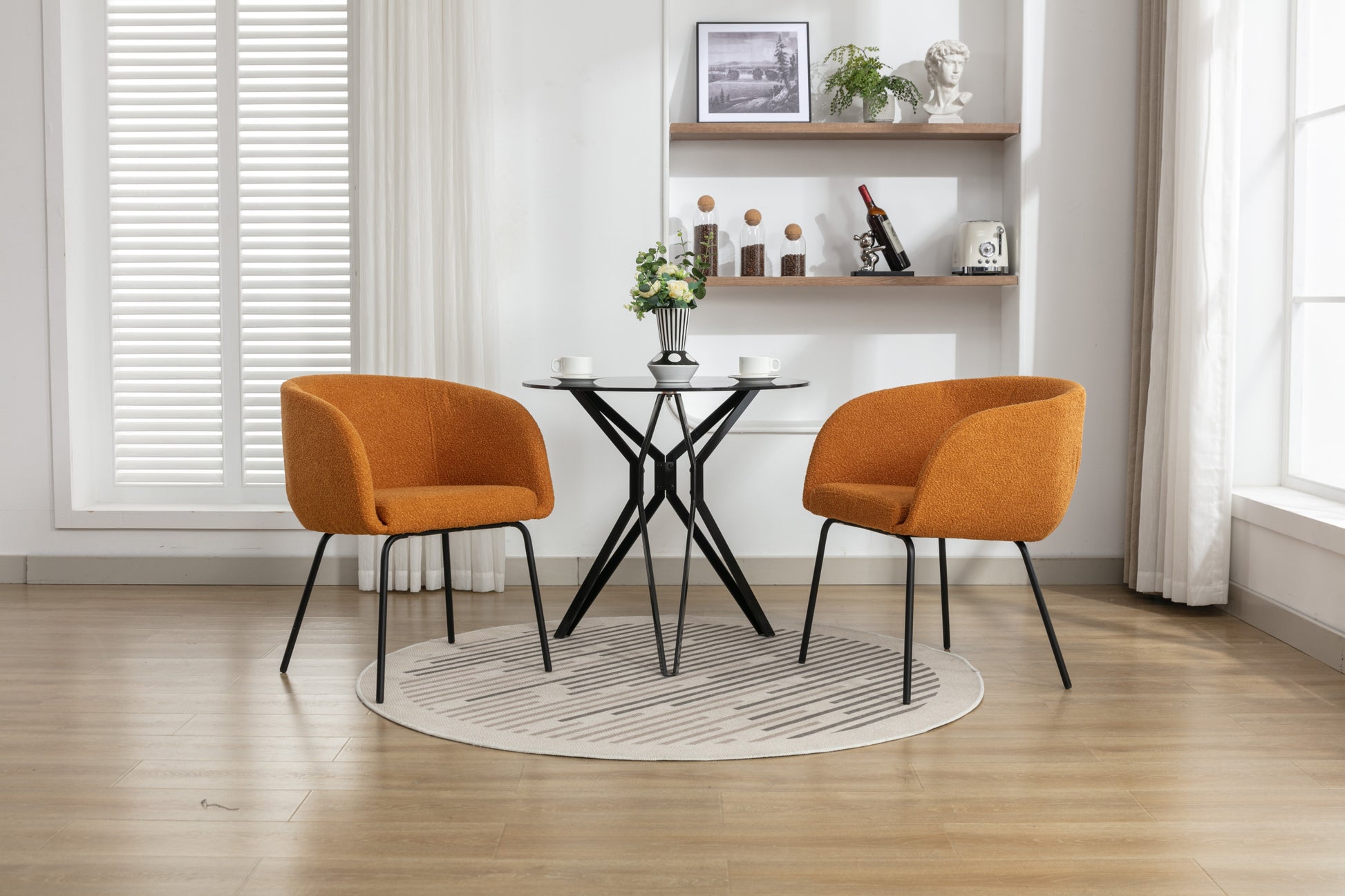 040 Boucle Fabric Dining Chair With Black Metal Legs Set Of 2,Ginger Wood Ginger Dining Room Foam Wipe Clean Modern Dining Chairs Wing Back Foam Boucle