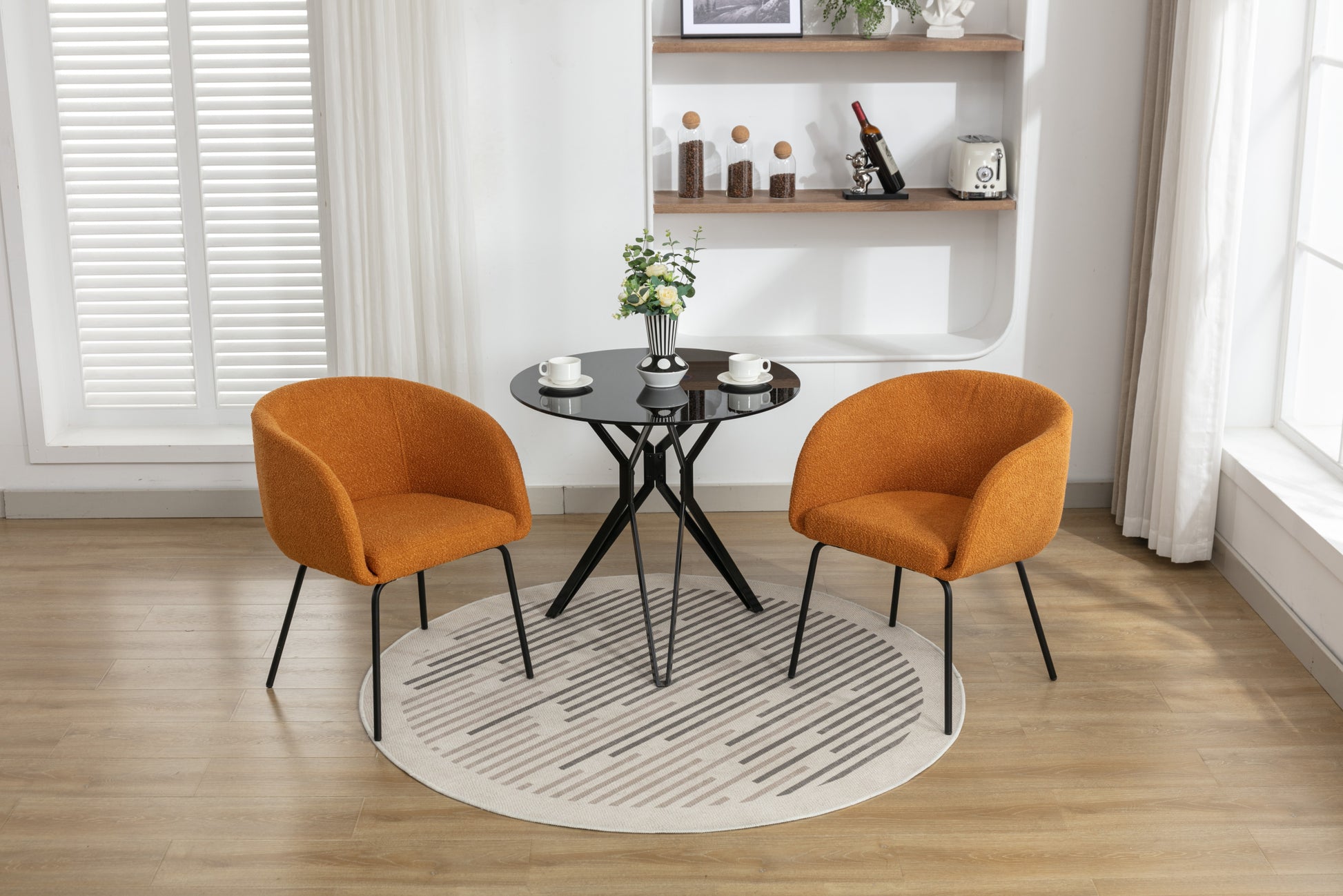 040 Boucle Fabric Dining Chair With Black Metal Legs Set Of 2,Ginger Wood Ginger Dining Room Foam Wipe Clean Modern Dining Chairs Wing Back Foam Boucle