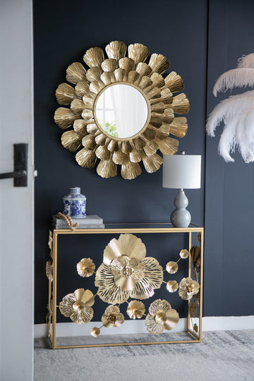 Round Gold Metal Mirror With Trumpet Vine Motif, 37X3" Gold Iron