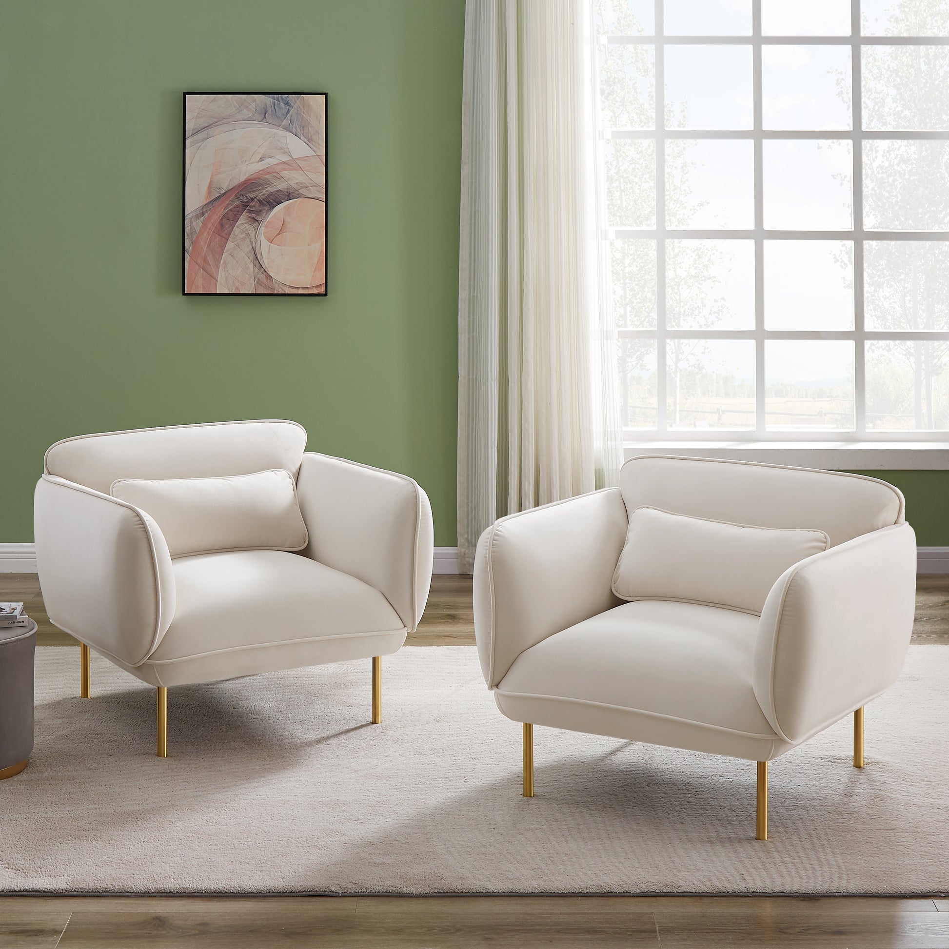 Oversized Living Room Accent Velveta Armchair Upholstered Single Sofa Chair, Comfy Fabric Armchair With Metal Leg For Bedroom Living Room Apartment, Beige Beige Velvet