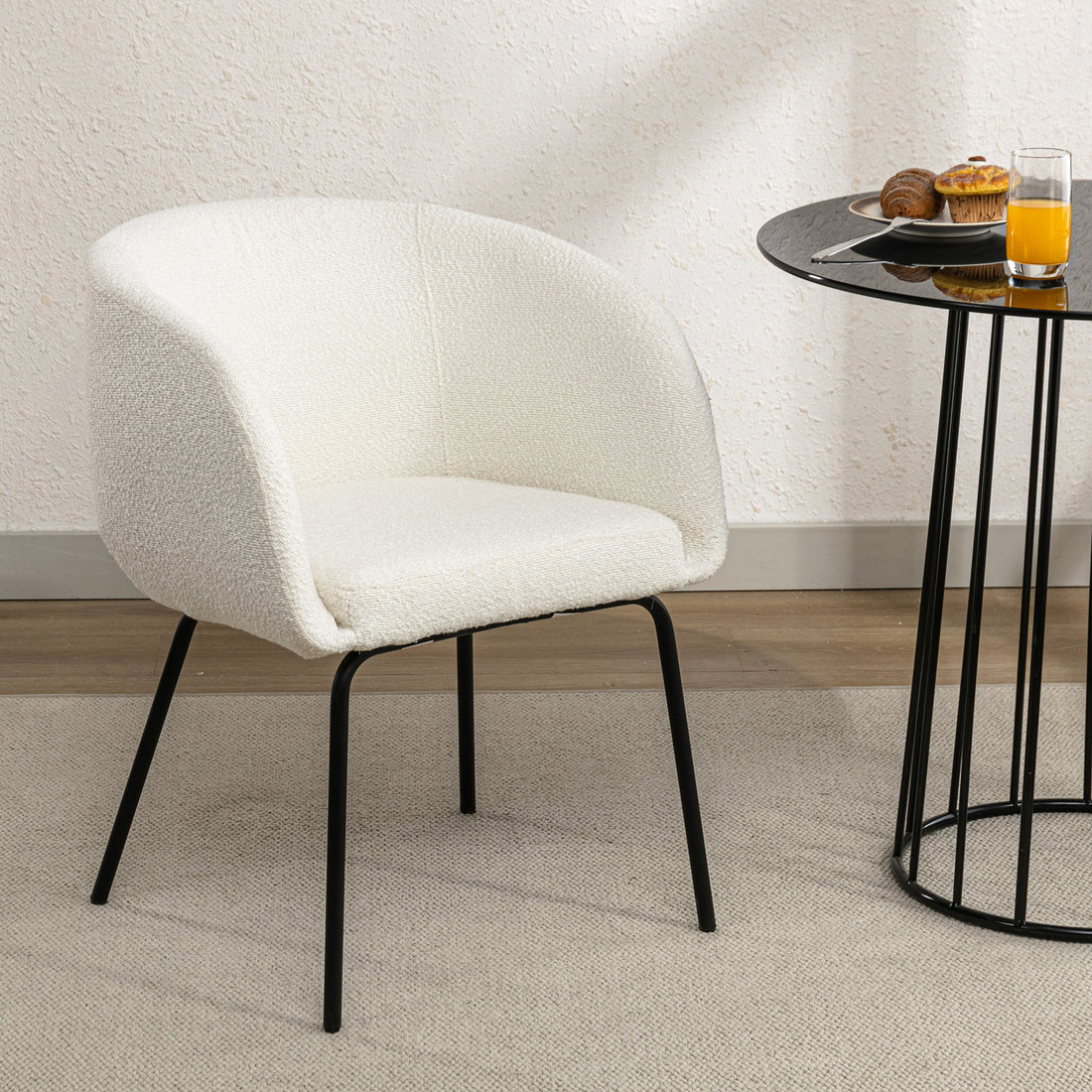 039 Set Of 1 Boucle Fabric Dining Chair With Black Metal Legs,Ivory Wood Ivory Dining Room Foam Wipe Clean Modern Dining Chairs Wing Back Foam Boucle