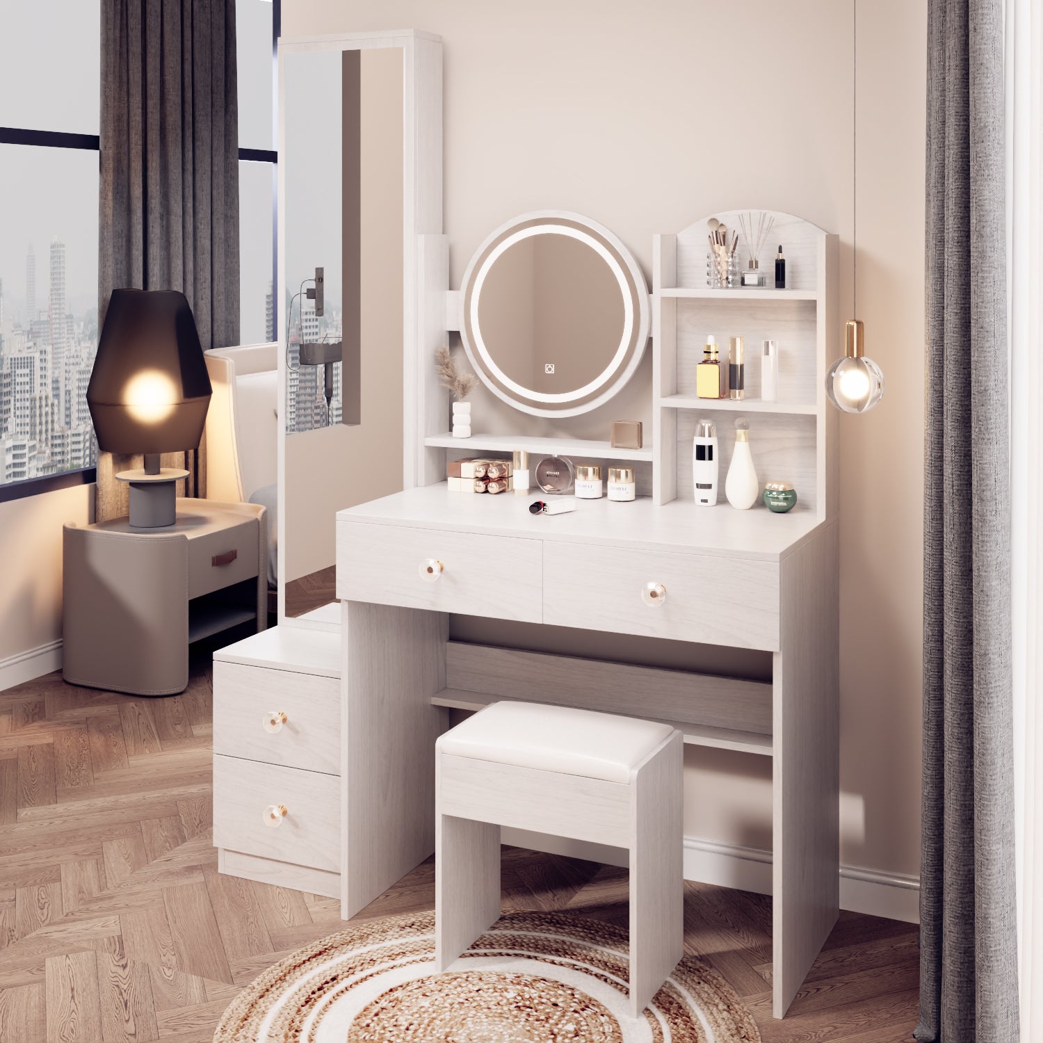 Full Body Mirror Cabinet Round Mirror Led Vanity Table Cushioned Stool, 17" Diameter Led Mirror, Touch Control, 3 Color, Brightness Adjustable, Large Desktop, Multi Layer High Capacity Storage White Oak Mdf