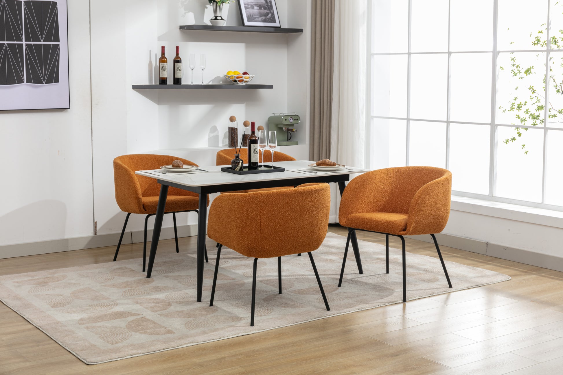 040 Boucle Fabric Dining Chair With Black Metal Legs Set Of 2,Ginger Wood Ginger Dining Room Foam Wipe Clean Modern Dining Chairs Wing Back Foam Boucle