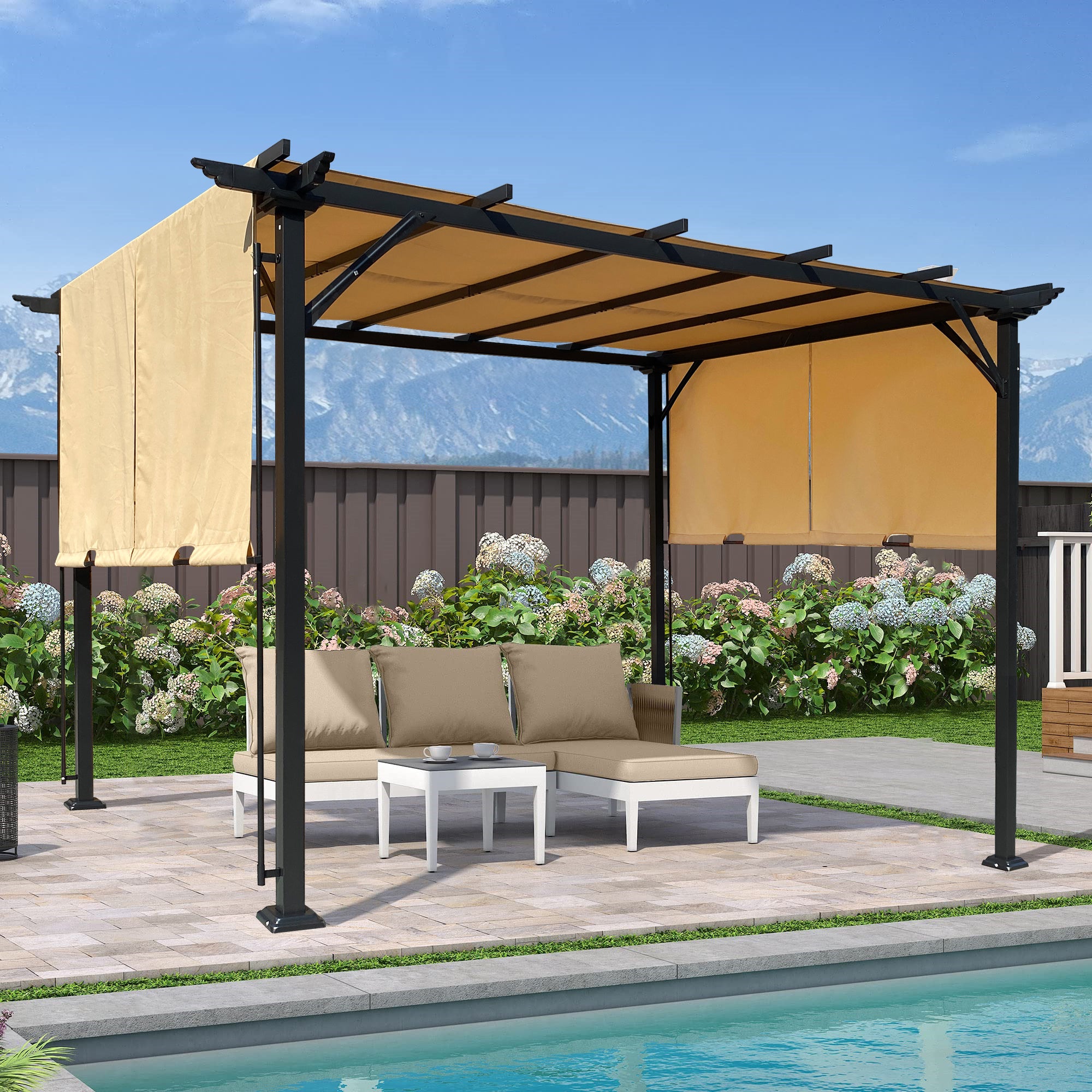 9.5 X 12 Ft Outdoor Pergola Patio Gazebo,Retractable Shade Canopy,Steel Frame Grape Gazebo,Sunshelter Pergola For Gardens,Terraces,Backyard Khaki Khaki Steel