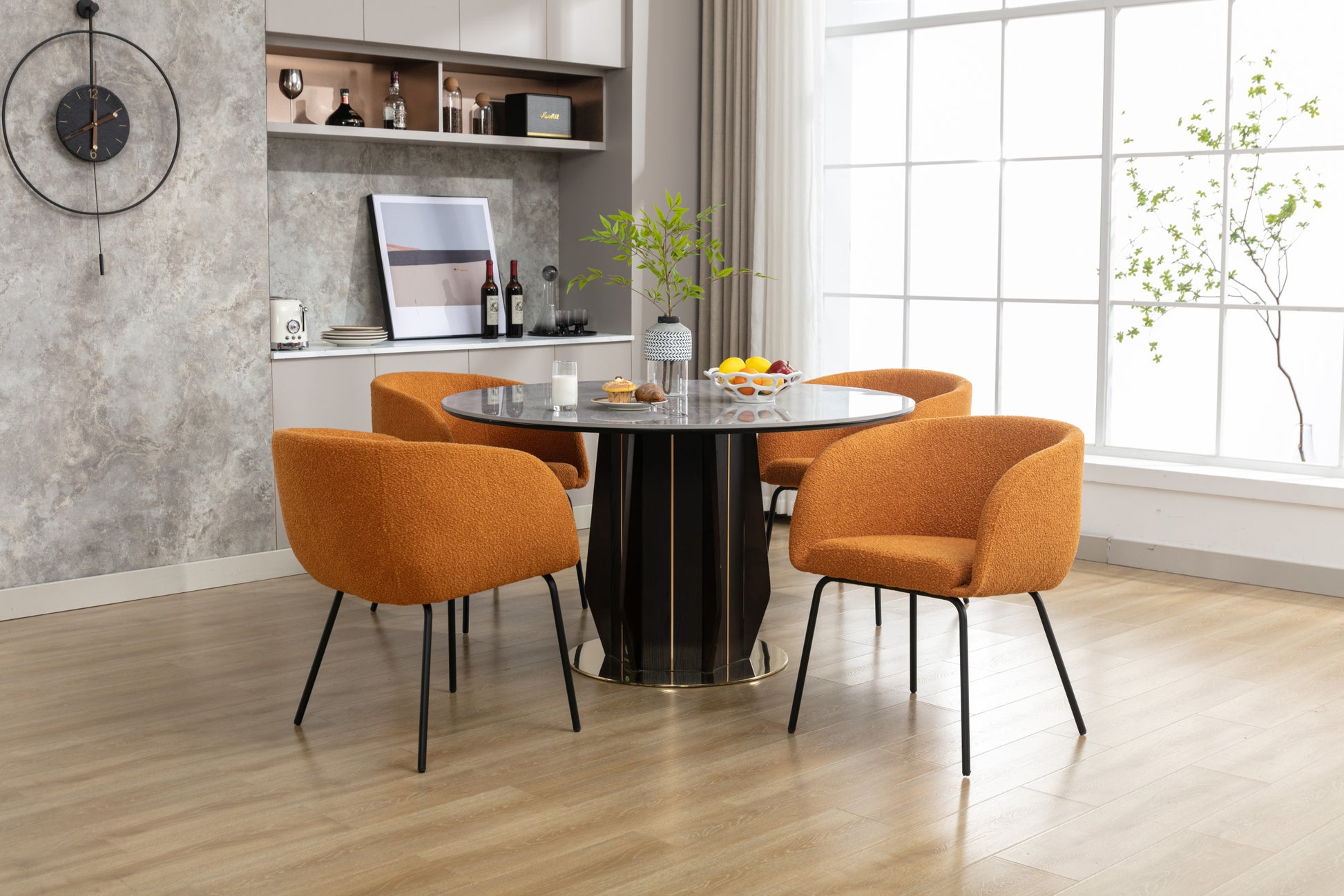 040 Boucle Fabric Dining Chair With Black Metal Legs Set Of 2,Ginger Wood Ginger Dining Room Foam Wipe Clean Modern Dining Chairs Wing Back Foam Boucle