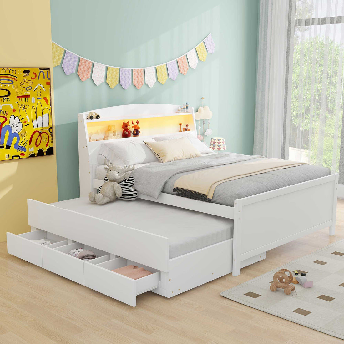 Full Size Platform Bed With Storage Led Headboard, Twin Size Trundle And 3 Drawers, White Box Spring Not Required Full White Bedroom Bed Frame Solid Wood Mdf