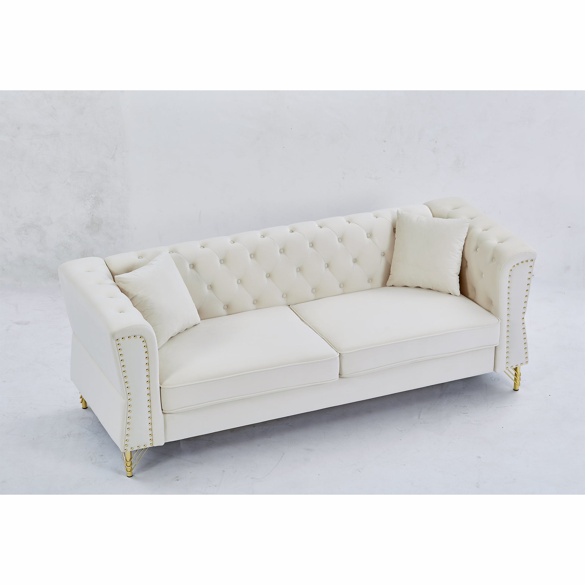 81.8" Chesterfield Sofa Grey Velvet For Living Room, 3 Seater Sofa Tufted Couch With Metal Foot And For Living Room, Bedroom, Office, Apartment, Two Pillows Beige Foam Velvet