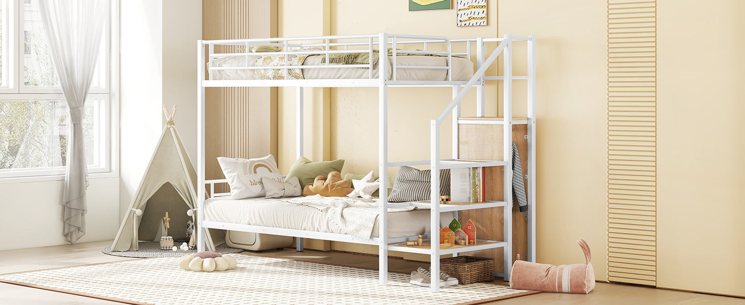 Twin Over Twin Metal Bunk Bed With Lateral Storage Ladder And Wardrobe, White White Iron