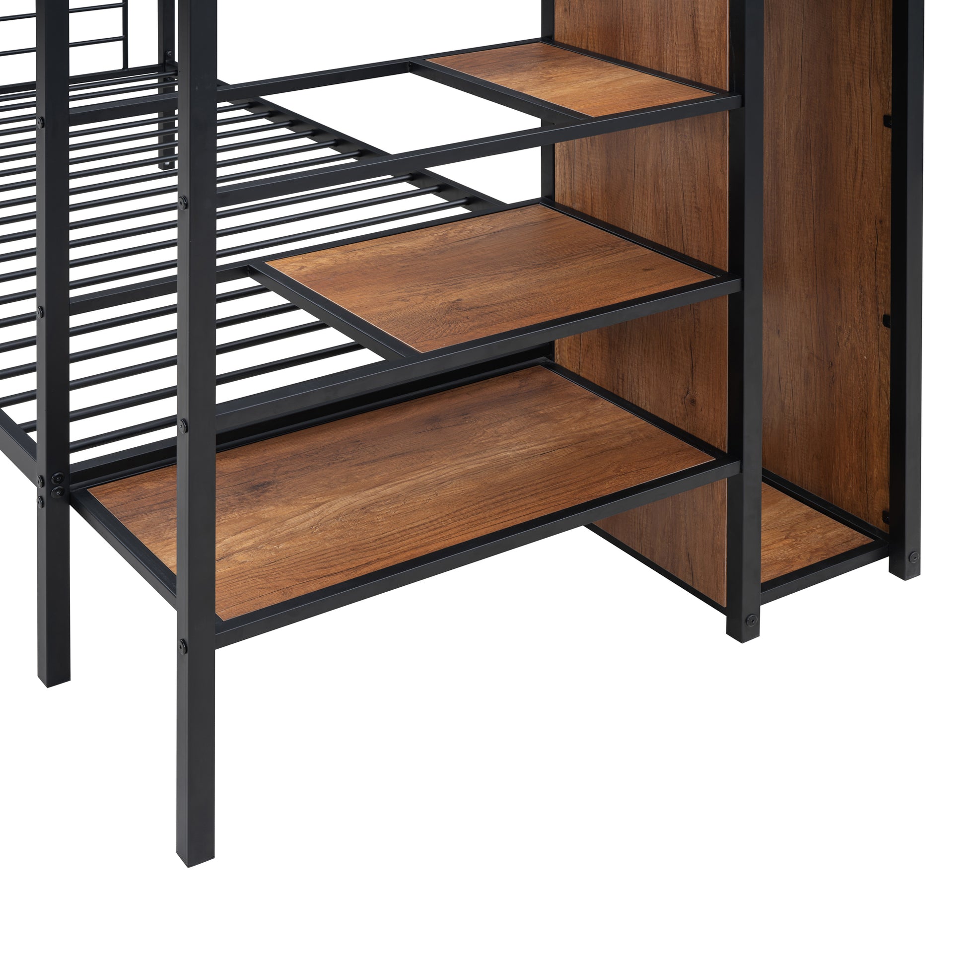 Twin Over Twin Metal Bunk Bed With Lateral Storage Ladder And Wardrobe, Black Black Iron