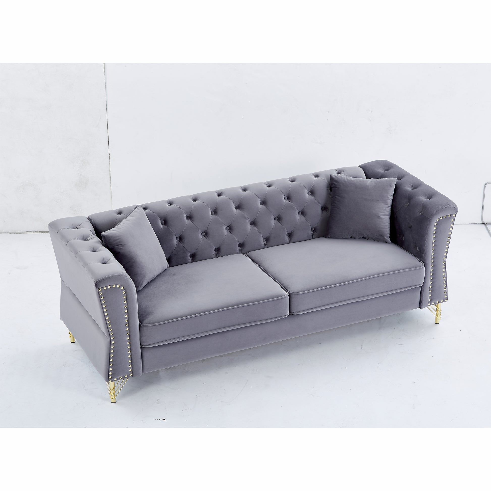 3 Seater 2 Seater Combination Sofa Tufted Couch With Rolled Arms And For Living Room, Bedroom, Office, Apartment, Four Pillows Grey Foam Velvet