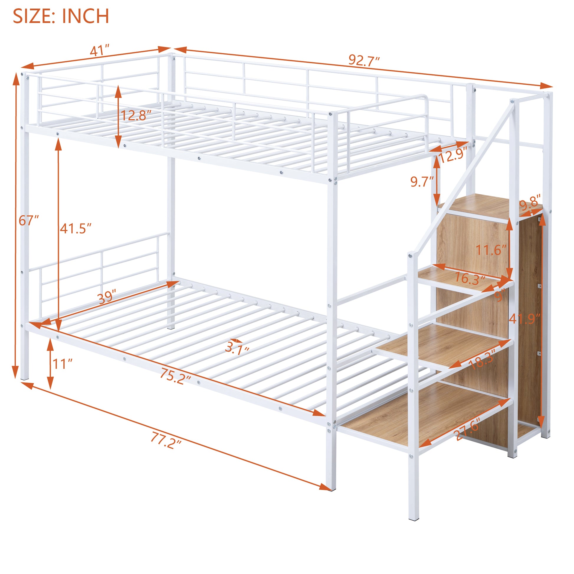 Twin Over Twin Metal Bunk Bed With Lateral Storage Ladder And Wardrobe, White White Iron