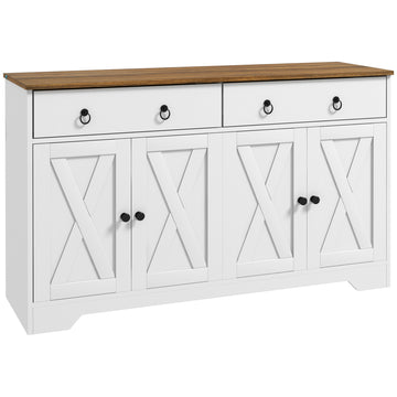 Homcom Sideboard, Buffet Cabinet With 2 Drawers, 2Storage Cabinets, 4 Barn Style Doors And Adjustable Shelves, Farmhouse Buffet Table With Storage, Wood Grain Top, White White Particle Board