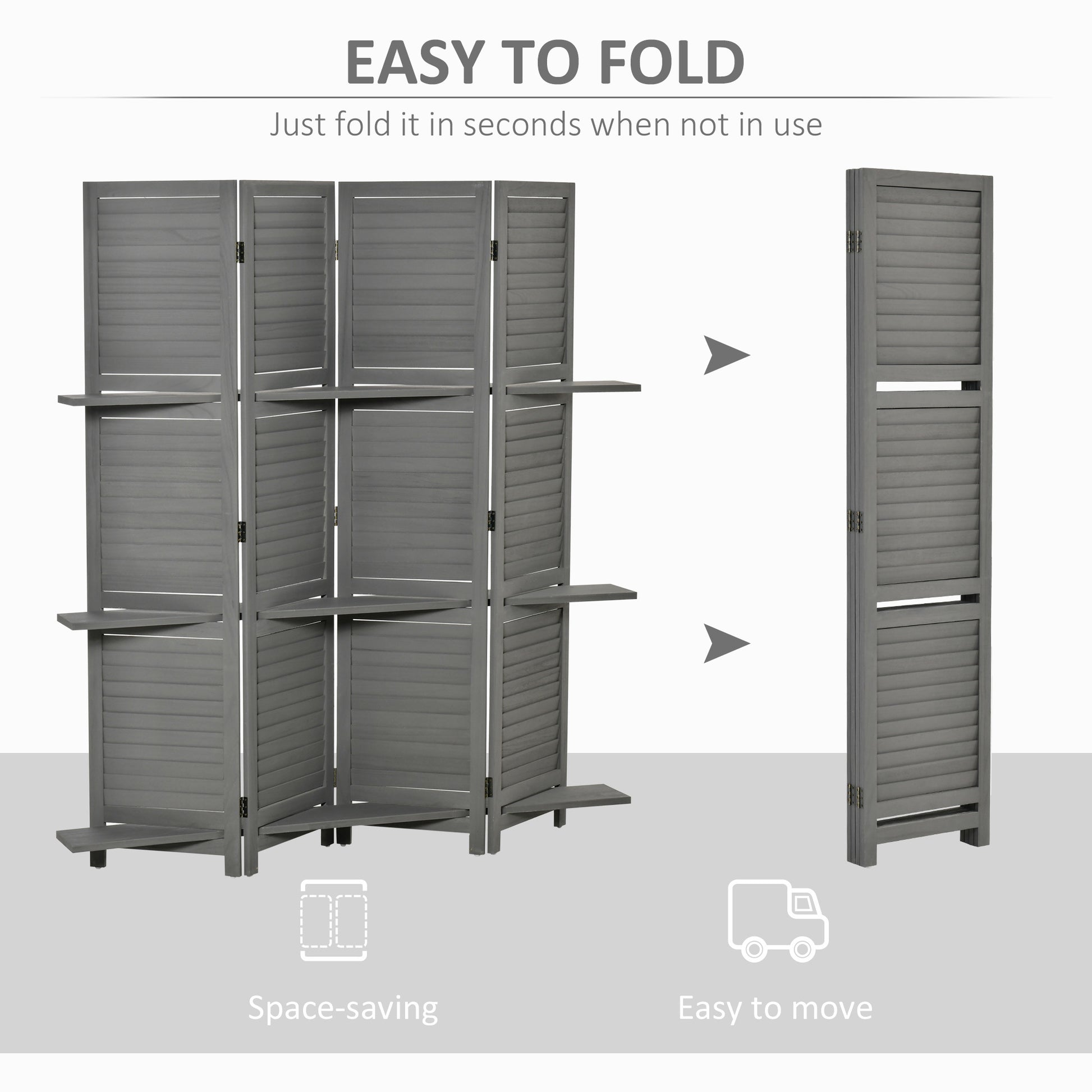 Homcom 4 Panel Folding Room Divider, 5.6 Ft Freestanding Paulownia Wood Privacy Screen Panel With Storage Shelves For Bedroom Or Office, Gray Gray Wood