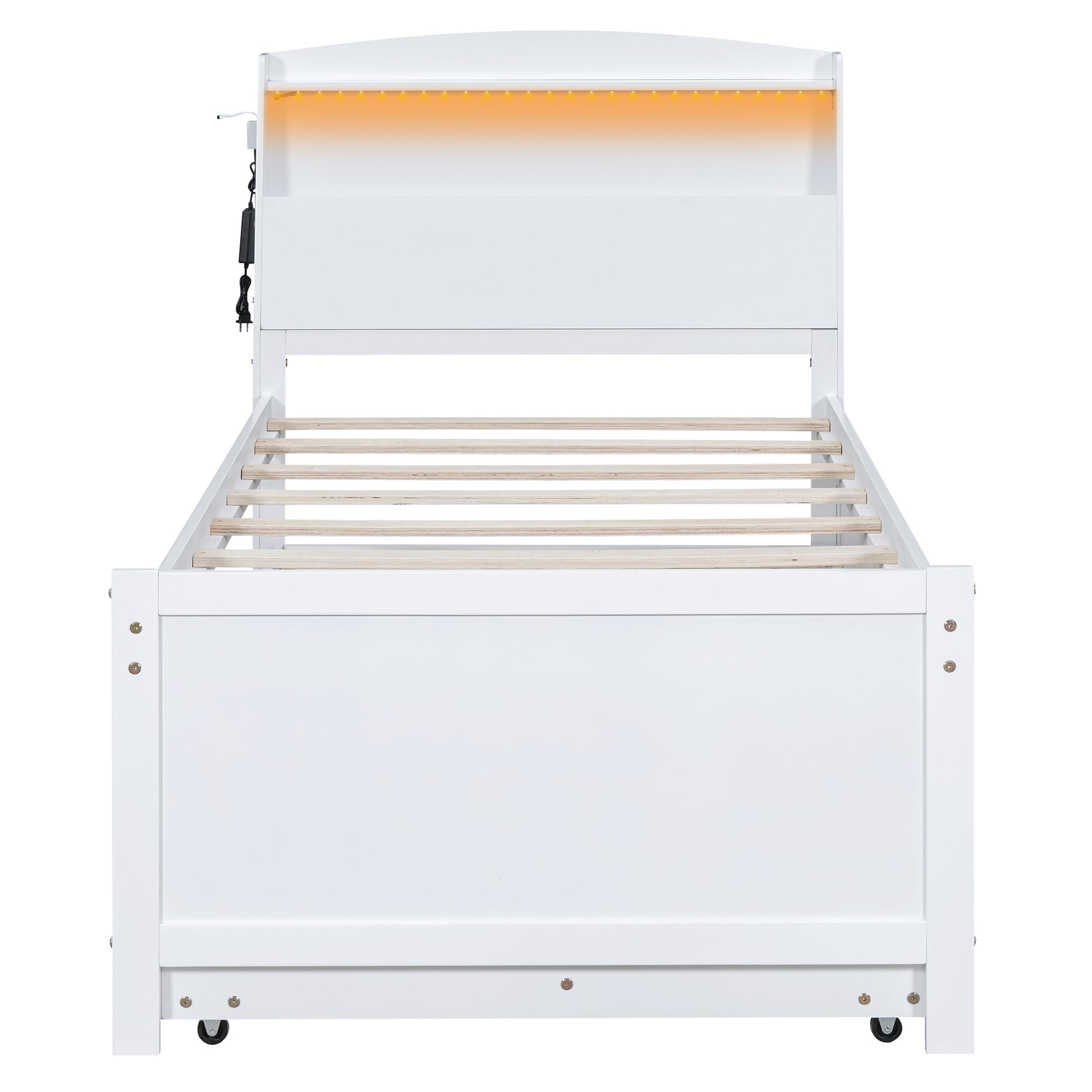 Twin Size Platform Bed With Storage Led Headboard, Twin Size Trundle And 3 Drawers, White Box Spring Not Required Twin White Bedroom Bed Frame Solid Wood Mdf
