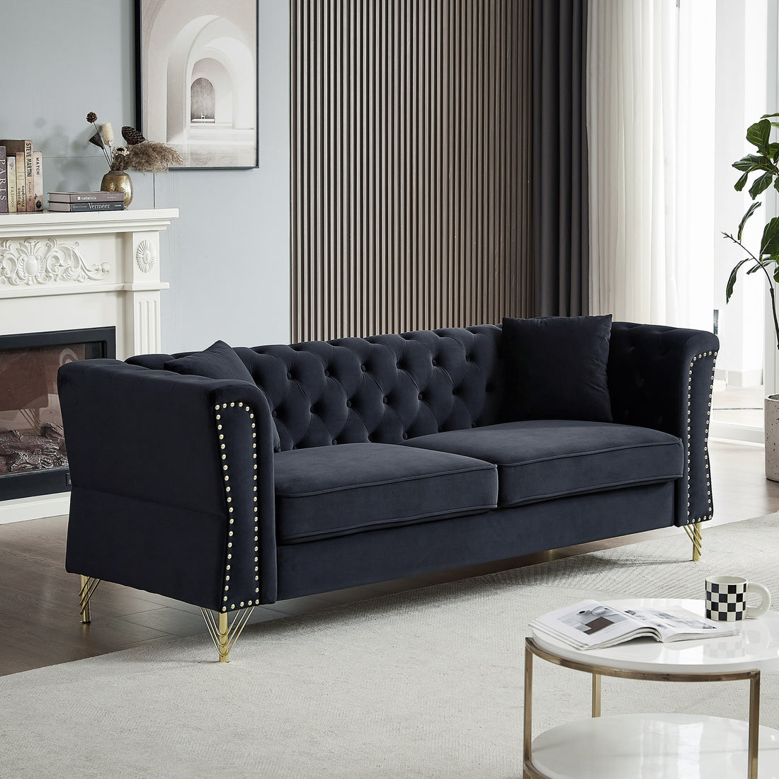 81.8" Chesterfield Sofa Grey Velvet For Living Room, 3 Seater Sofa Tufted Couch With Metal Foot And For Living Room, Bedroom, Office, Apartment, Two Pillows Black Foam Velvet