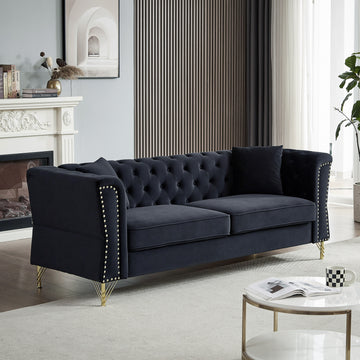 81.8" Chesterfield Sofa Grey Velvet For Living Room, 3 Seater Sofa Tufted Couch With Metal Foot And For Living Room, Bedroom, Office, Apartment, Two Pillows Black Foam Velvet