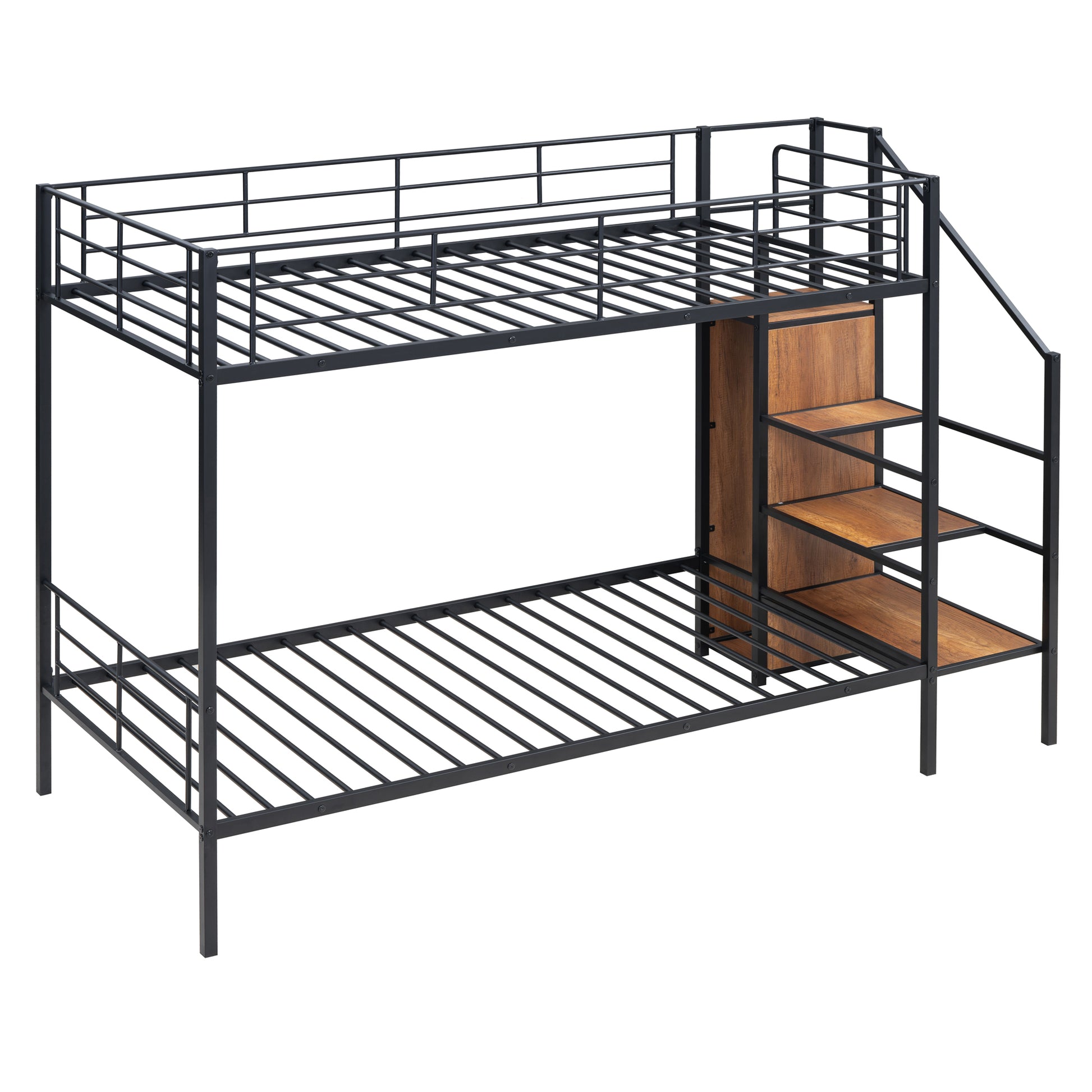 Twin Over Twin Metal Bunk Bed With Lateral Storage Ladder And Wardrobe, Black Black Iron