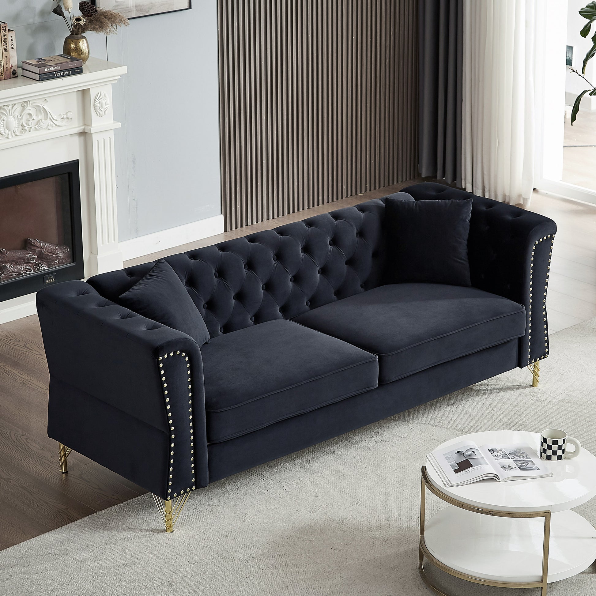 81.8" Chesterfield Sofa Grey Velvet For Living Room, 3 Seater Sofa Tufted Couch With Metal Foot And For Living Room, Bedroom, Office, Apartment, Two Pillows Black Foam Velvet