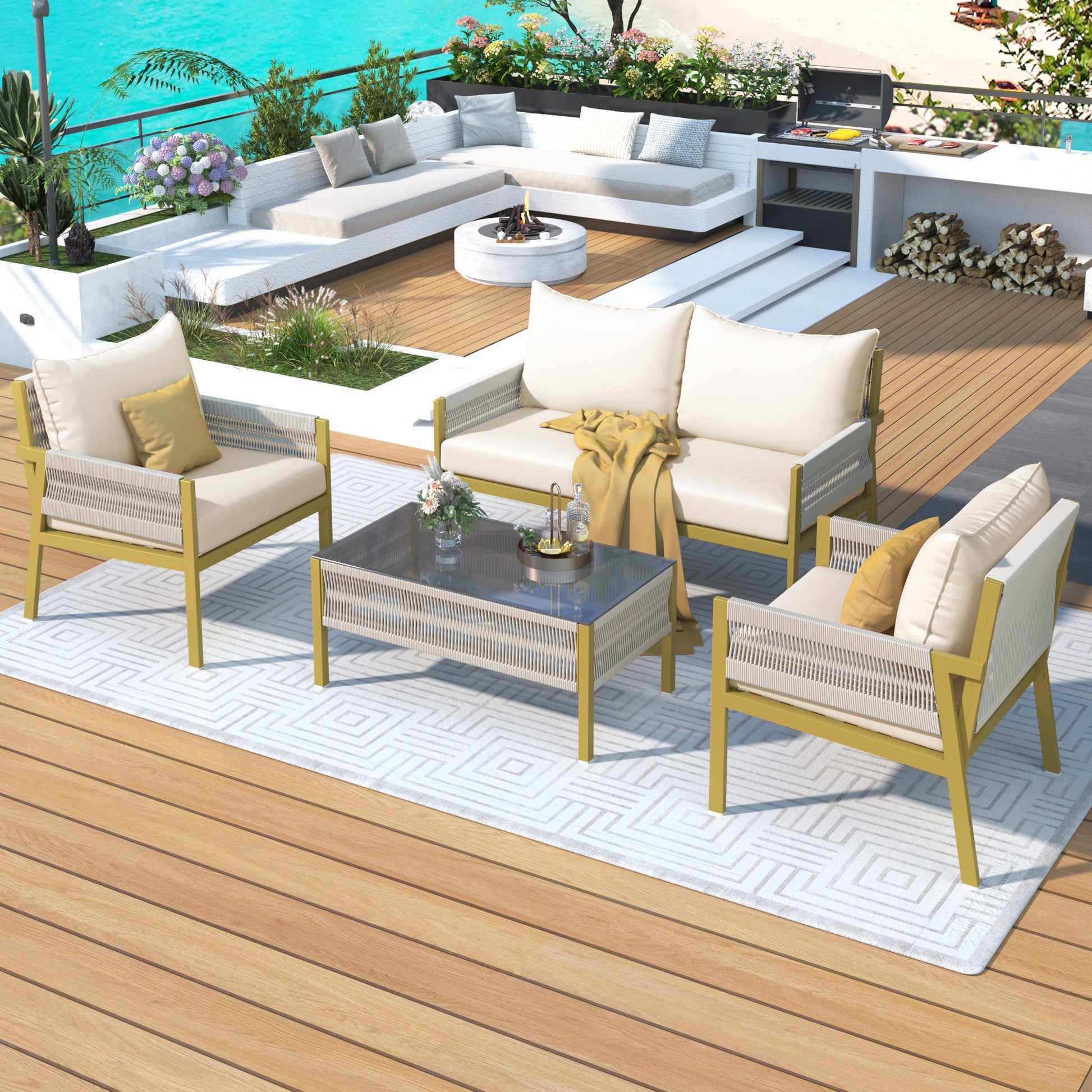 K&K 4 Piece Rope Patio Furniture Set, Outdoor Furniture With Tempered Glass Table, Patio Conversation Set Deep Seating With Thick Cushion For Backyard Porch Balcony Beige&Mustard Yellow Yes Complete Patio Set Beige Yellow Weather Resistant Frame Fade